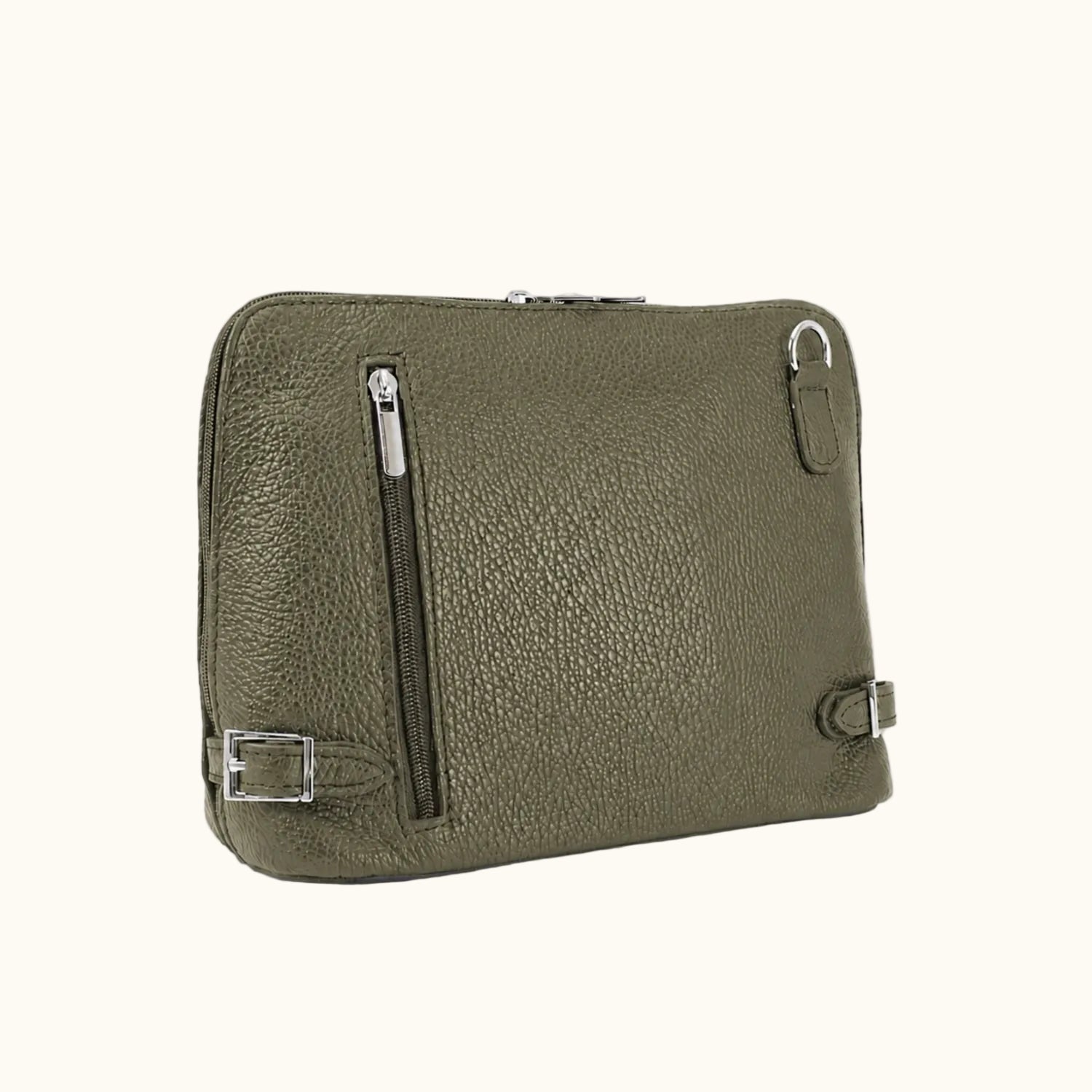 Green leather bag with zippers on a white background