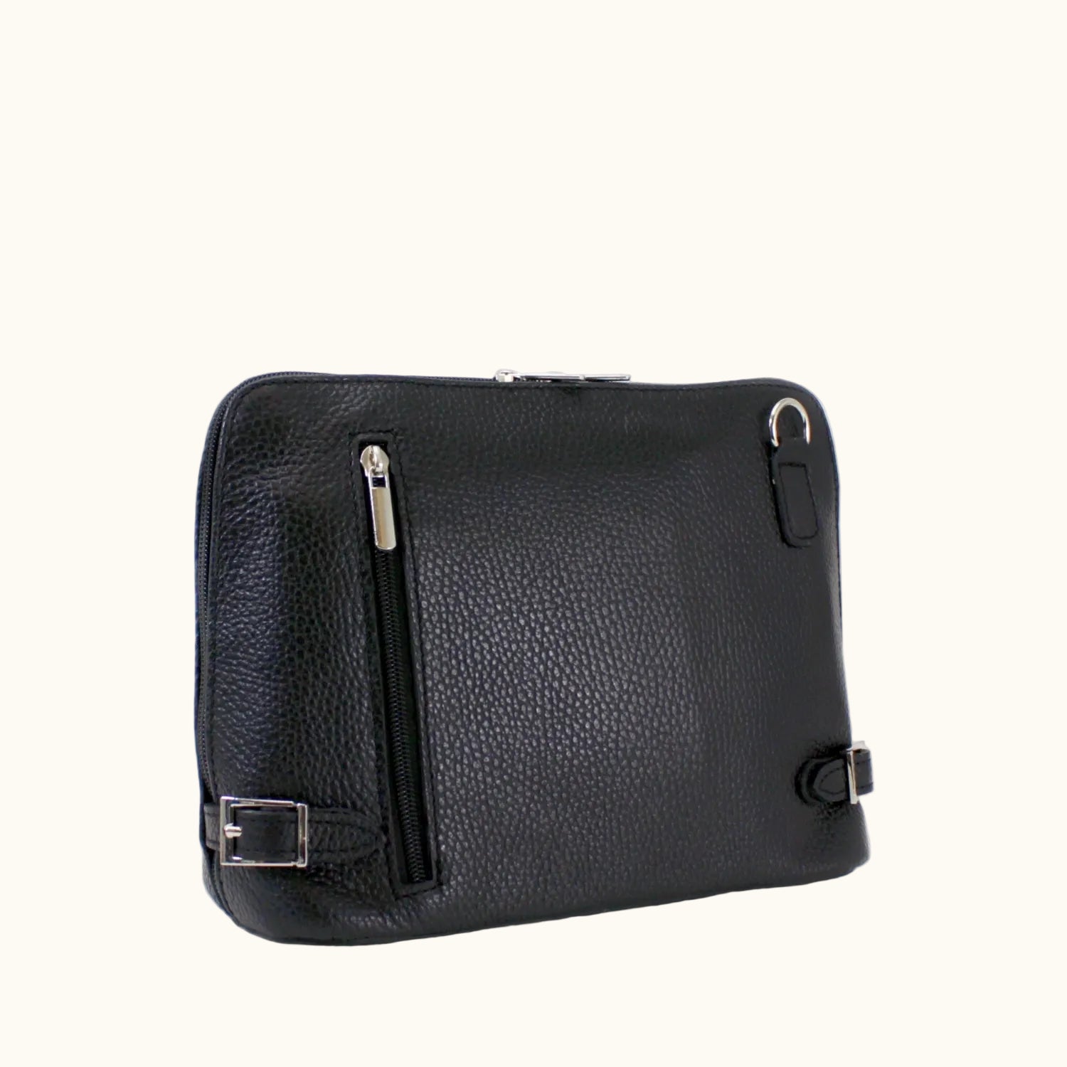 Black leather bag with zippers on a white background