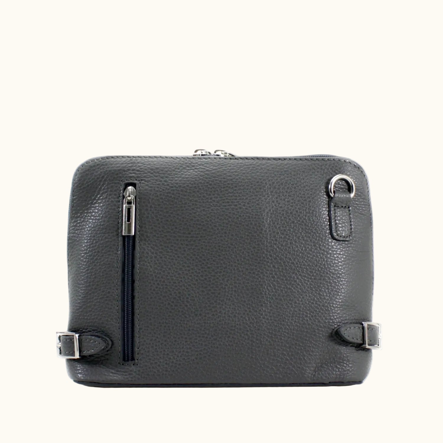 Gray leather backpack with zippers on a white background
