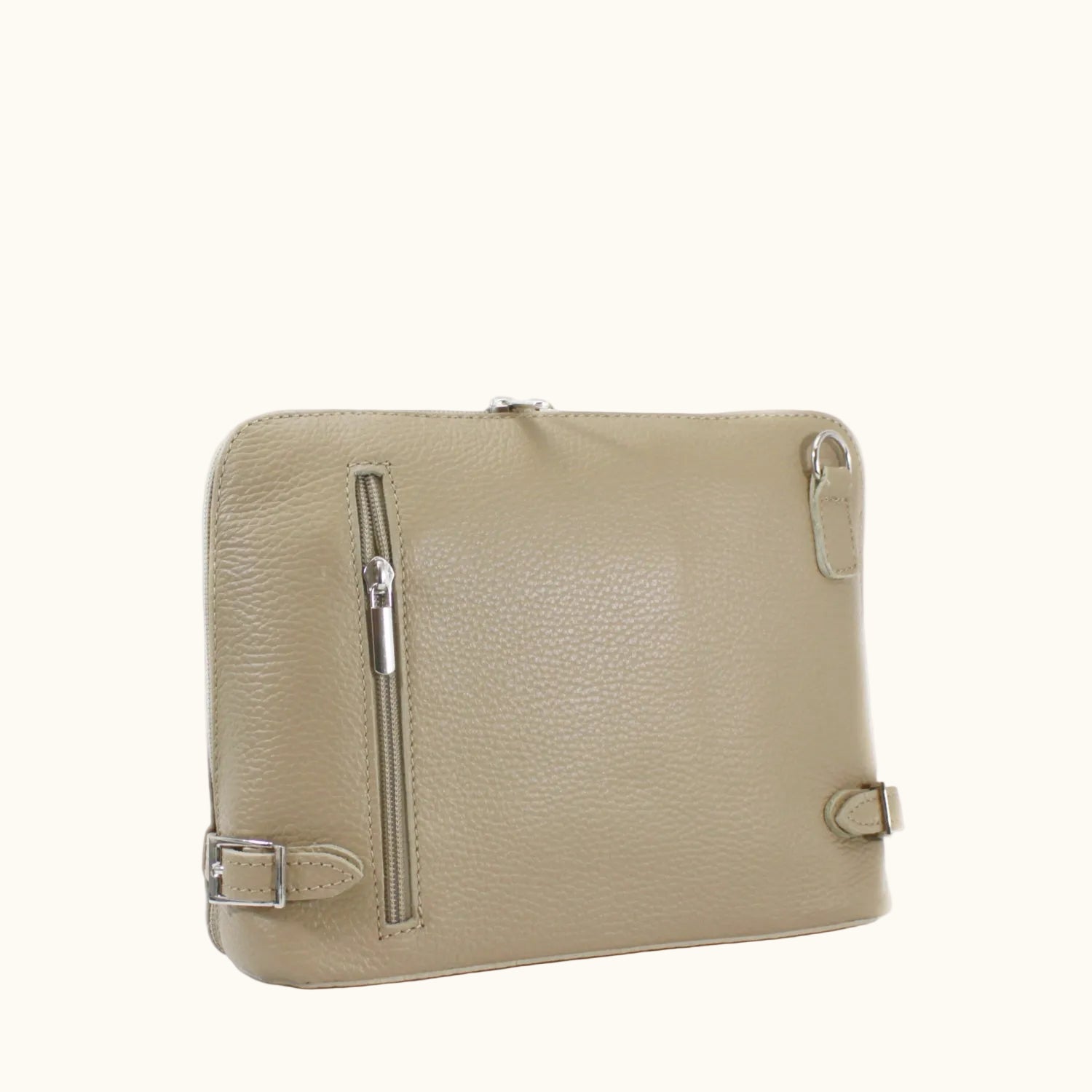 Beige leather bag with a zipper on a white background