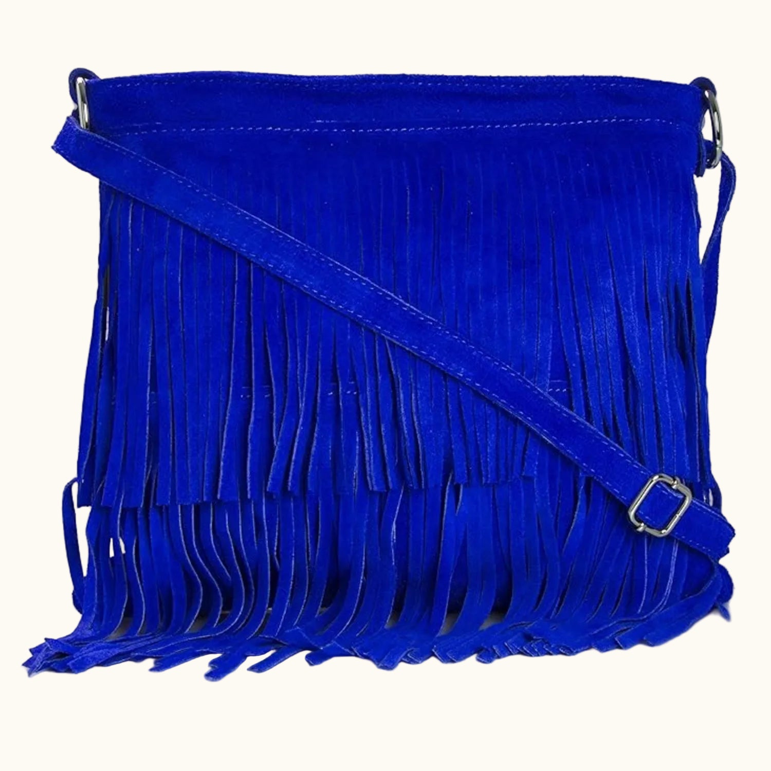 Blue fringed handbag on a white background