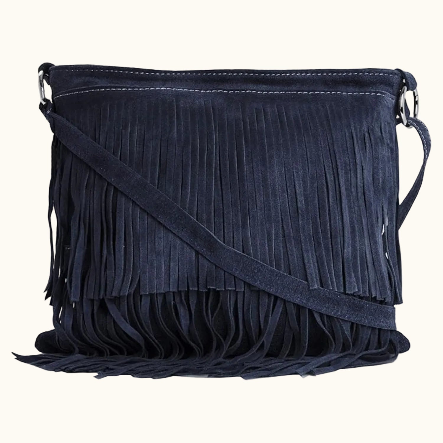 Navy blue suede handbag with fringe details on a white background
