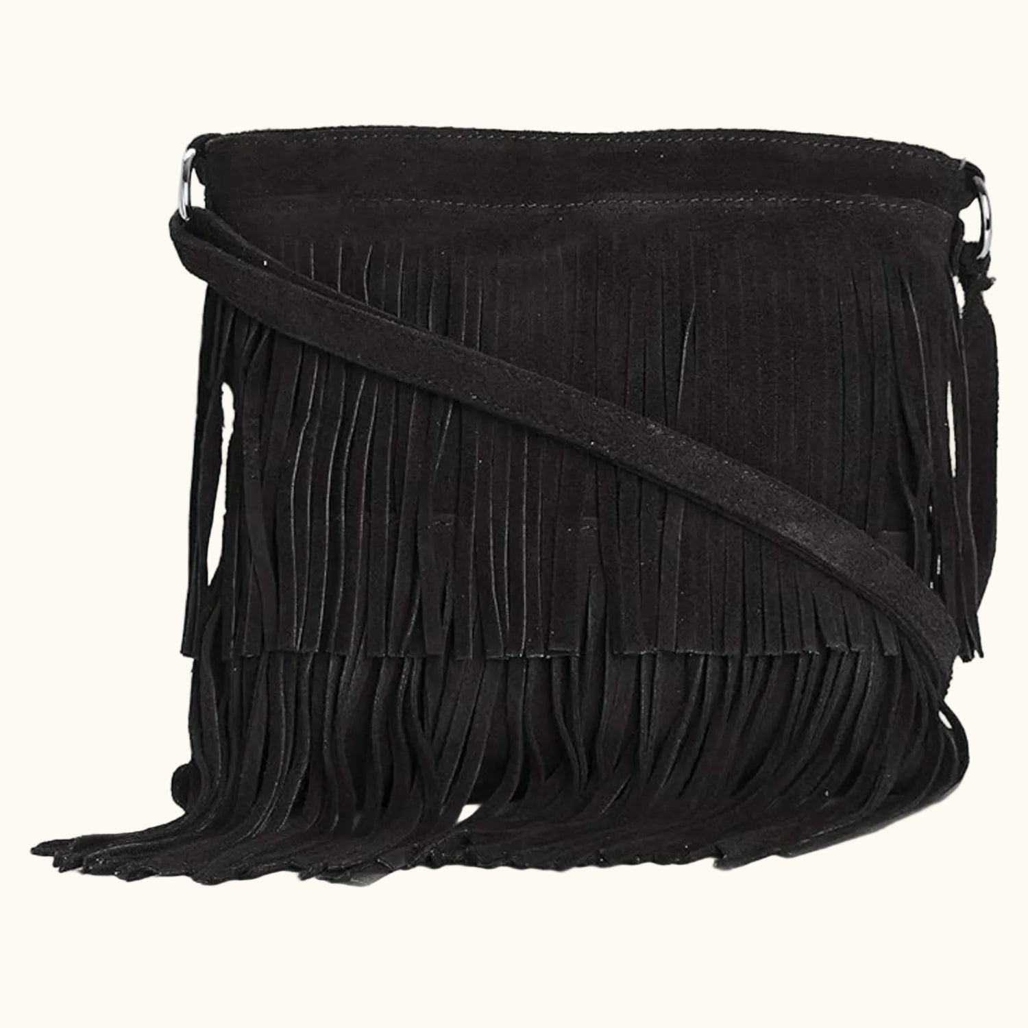 Black suede handbag with fringe details on a white background