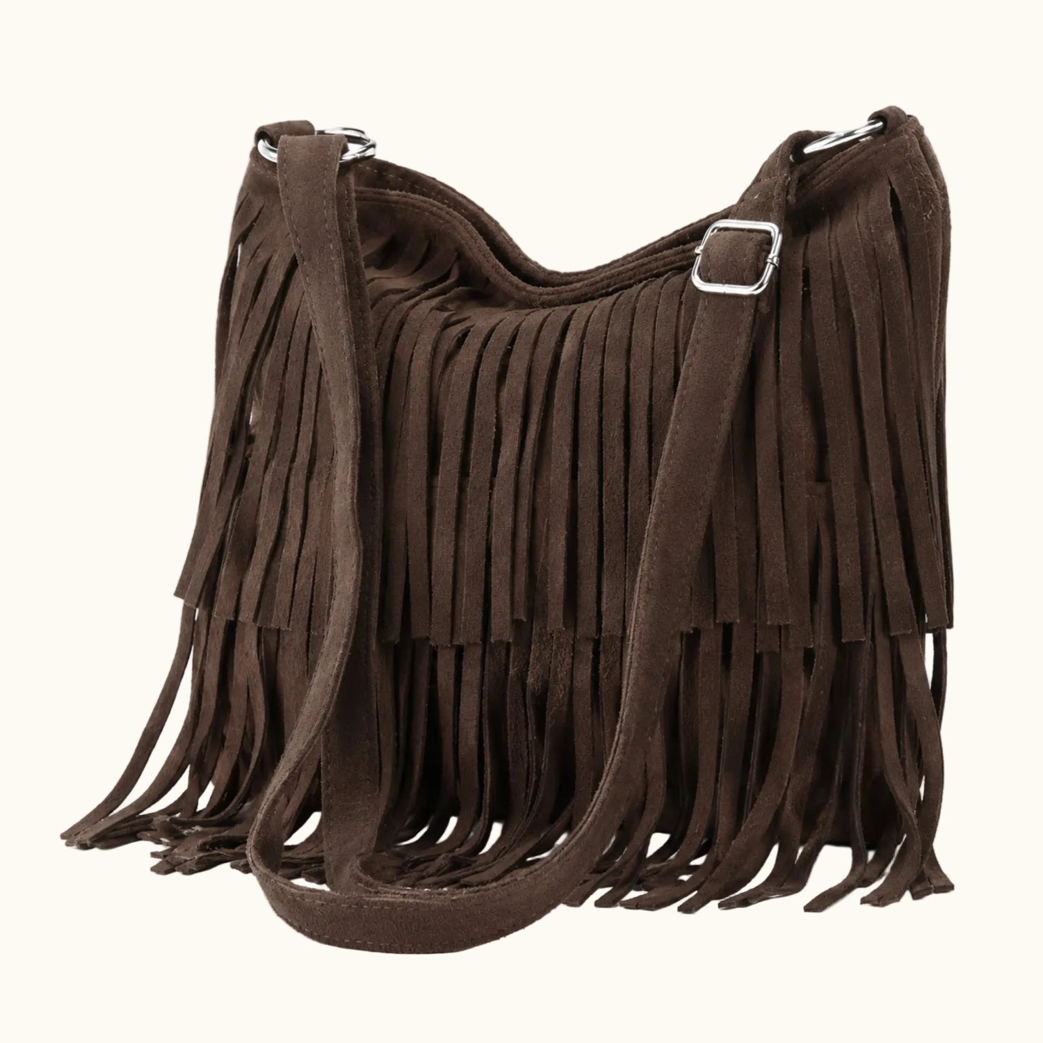 Brown suede handbag with fringes on a white background