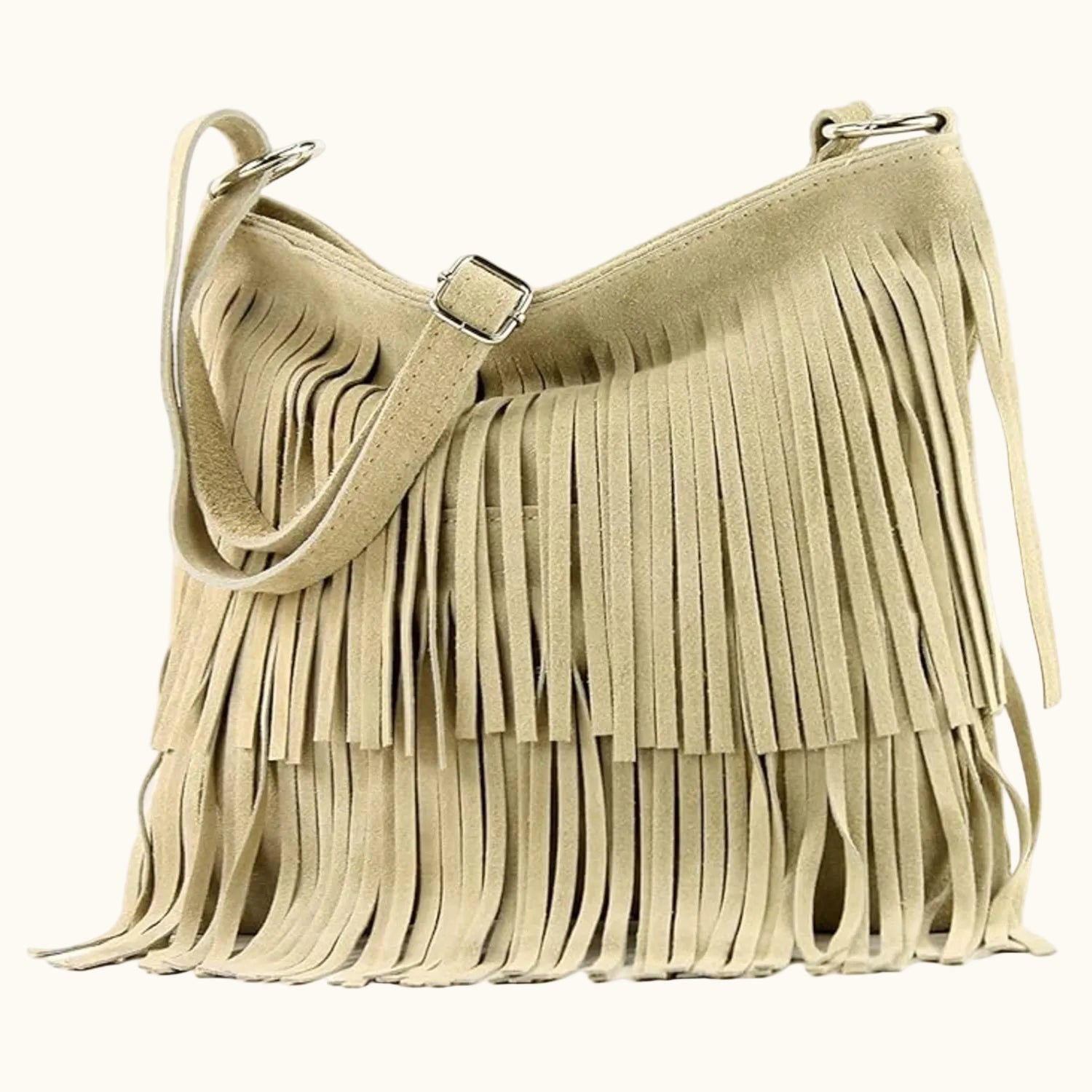 Beige fringe handbag on a white background