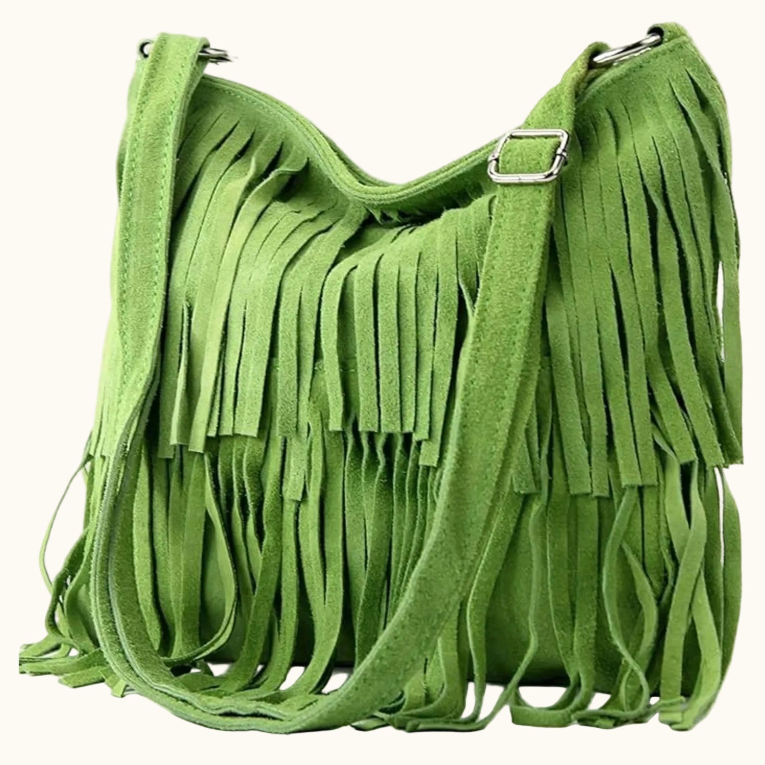 Green fringed handbag on a white background