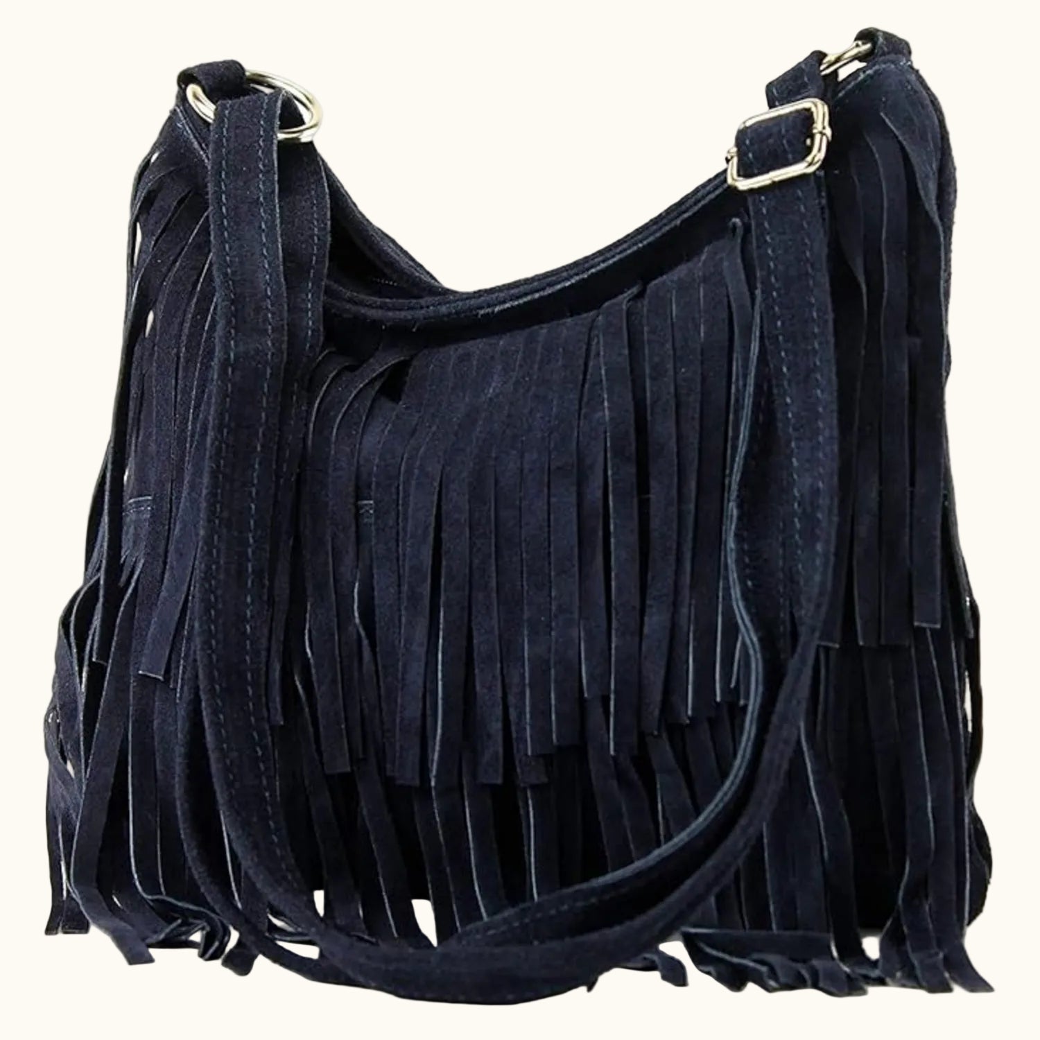 Navy blue suede handbag with fringe details on a white background