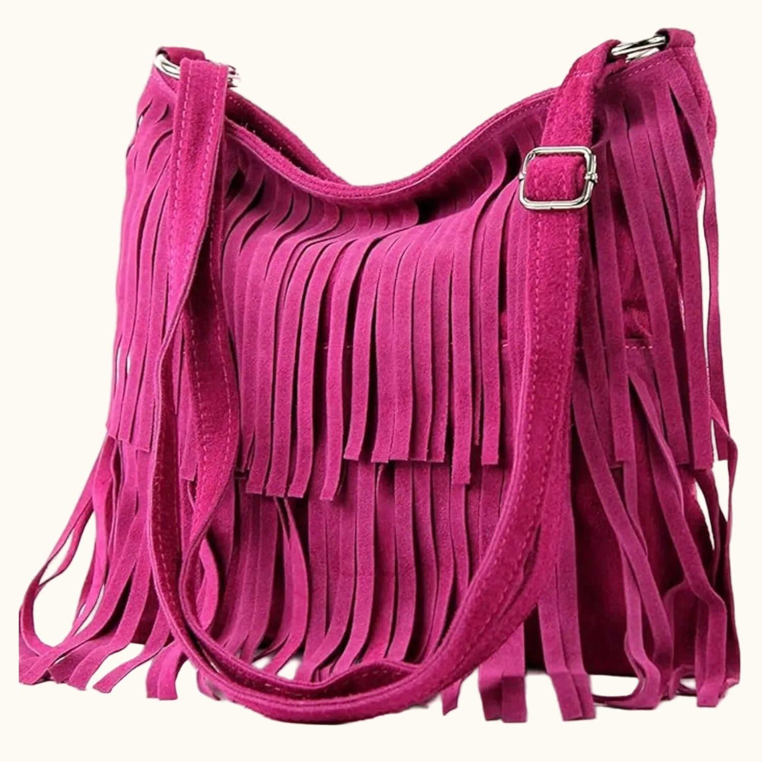 Pink fringed handbag on a white background