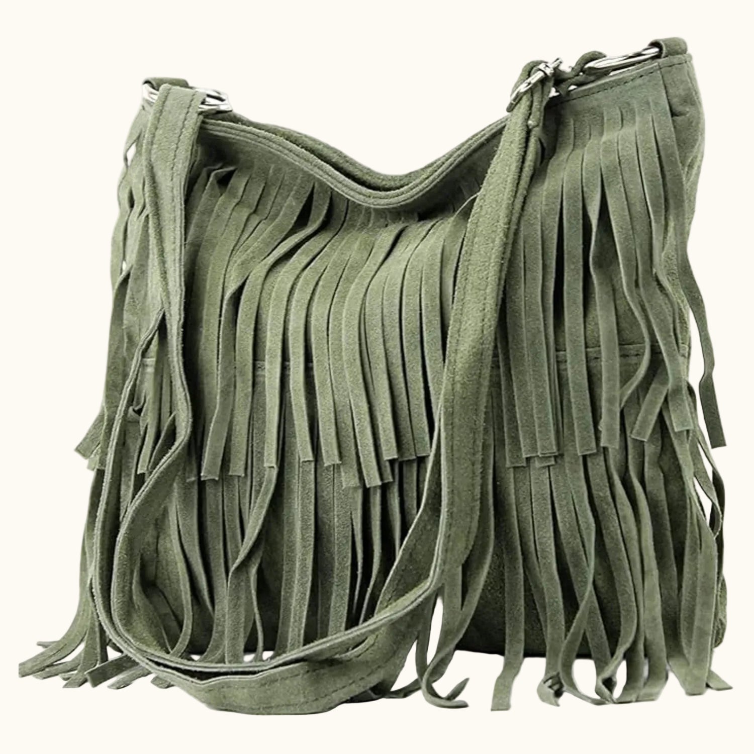 Green fringed handbag on a white background