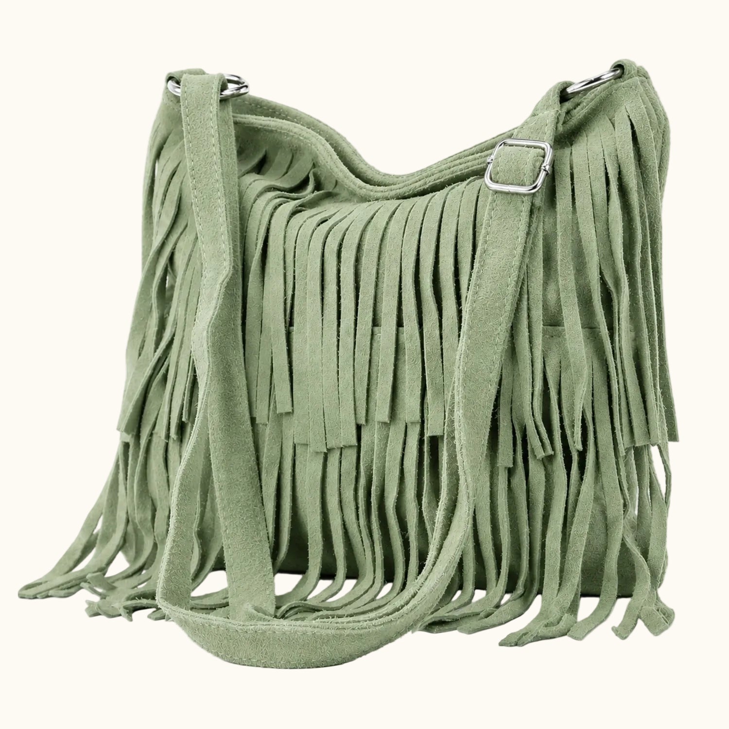 Green fringed handbag on a white background
