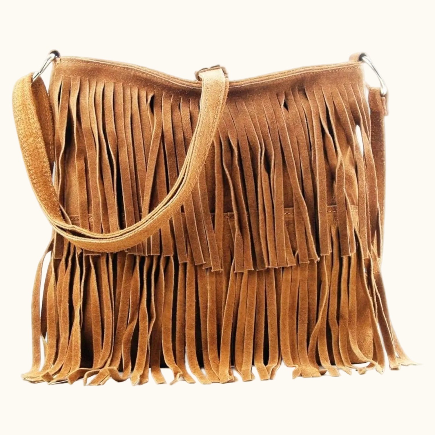 Brown suede handbag with fringe details on a white background