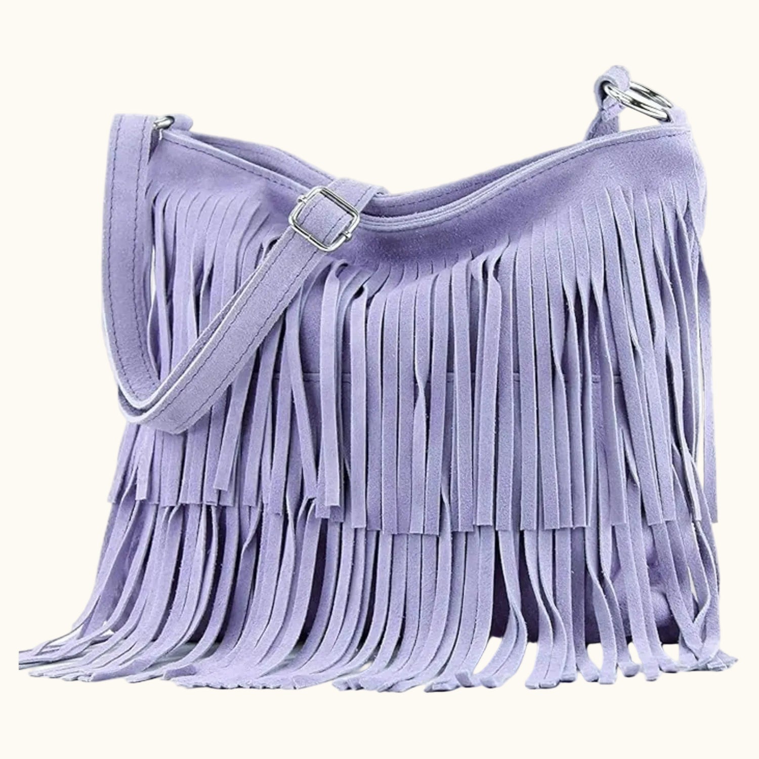 Lavender handbag with fringe details on a white background