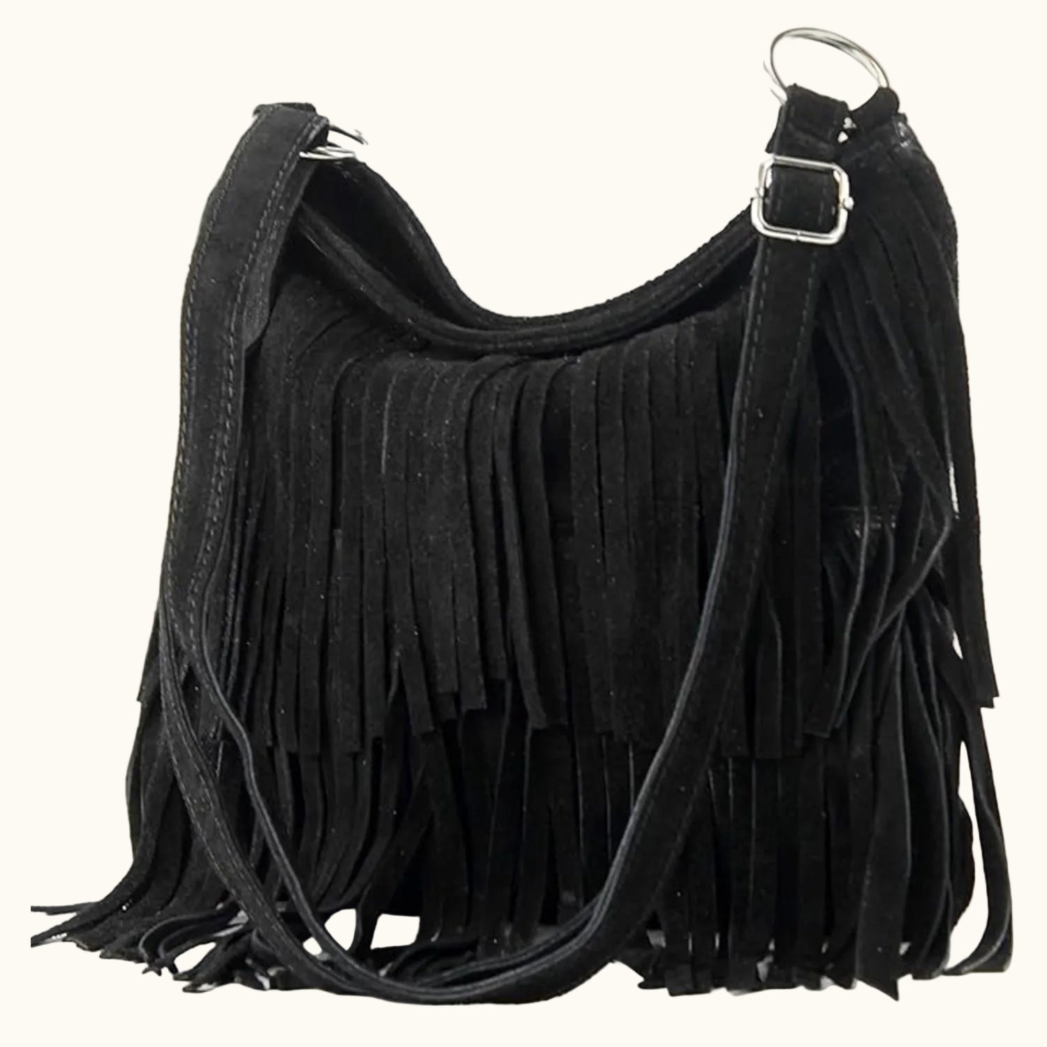 Black suede handbag with fringe details on a white background