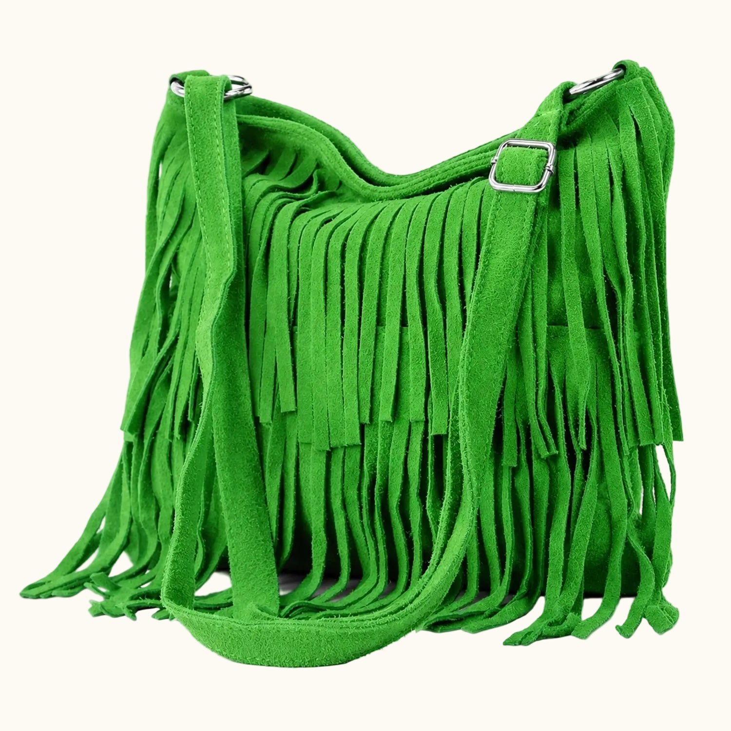 Green fringed handbag on a white background