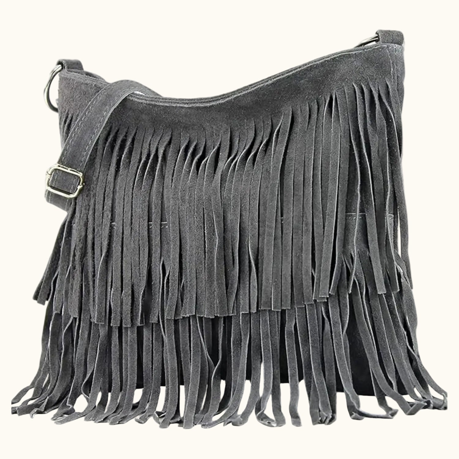 Gray suede handbag with fringe details on a white background