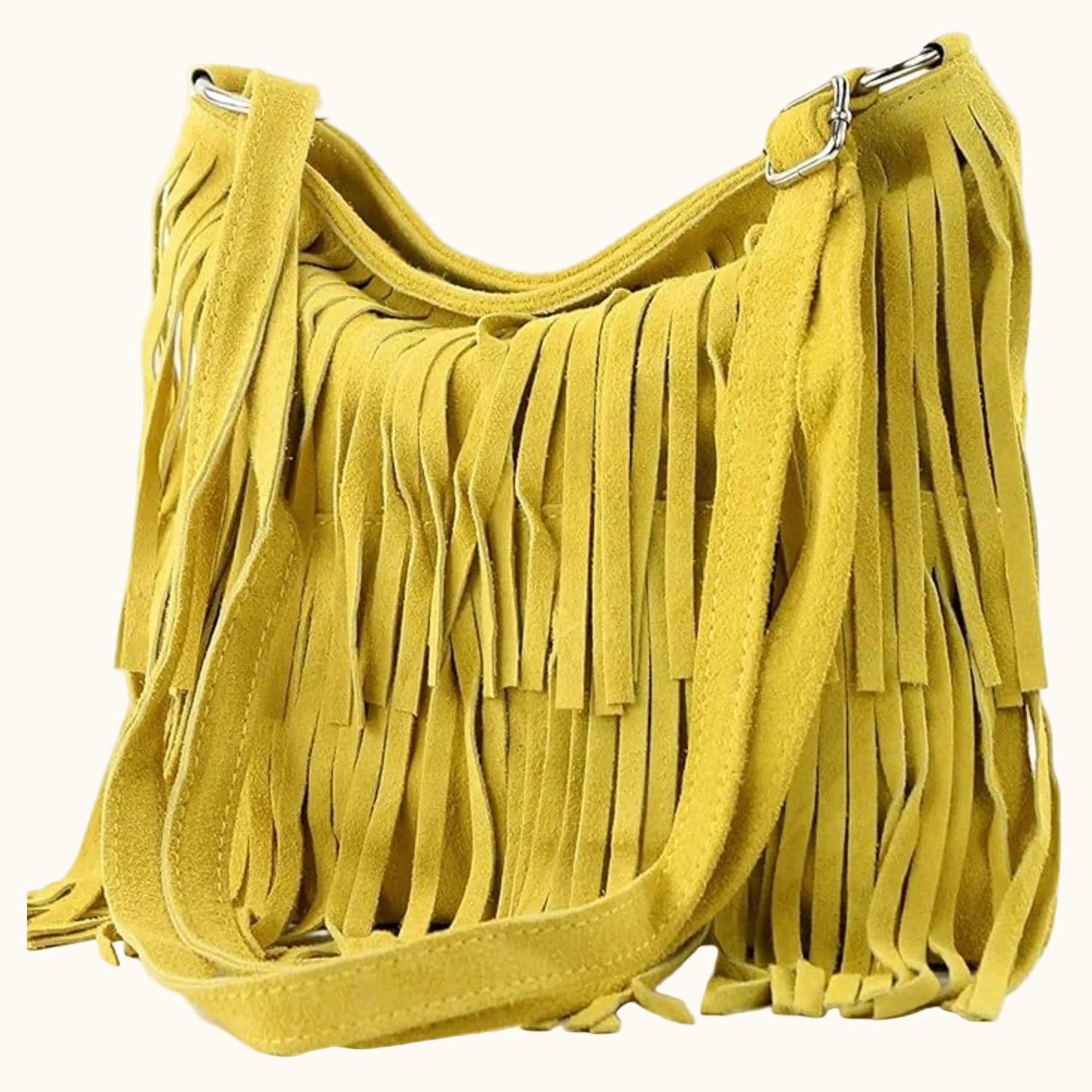 Yellow fringed handbag on a white background