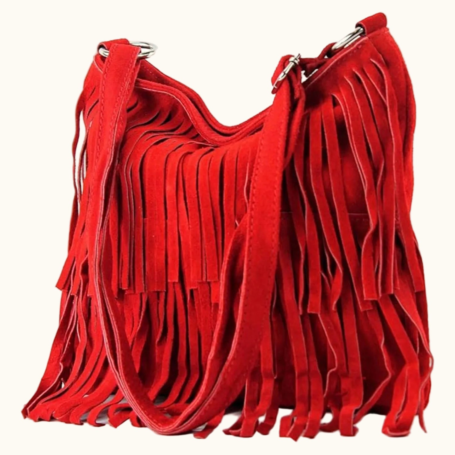 Red fringed handbag on a white background