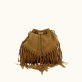 Brown suede drawstring bag with fringes on a white background