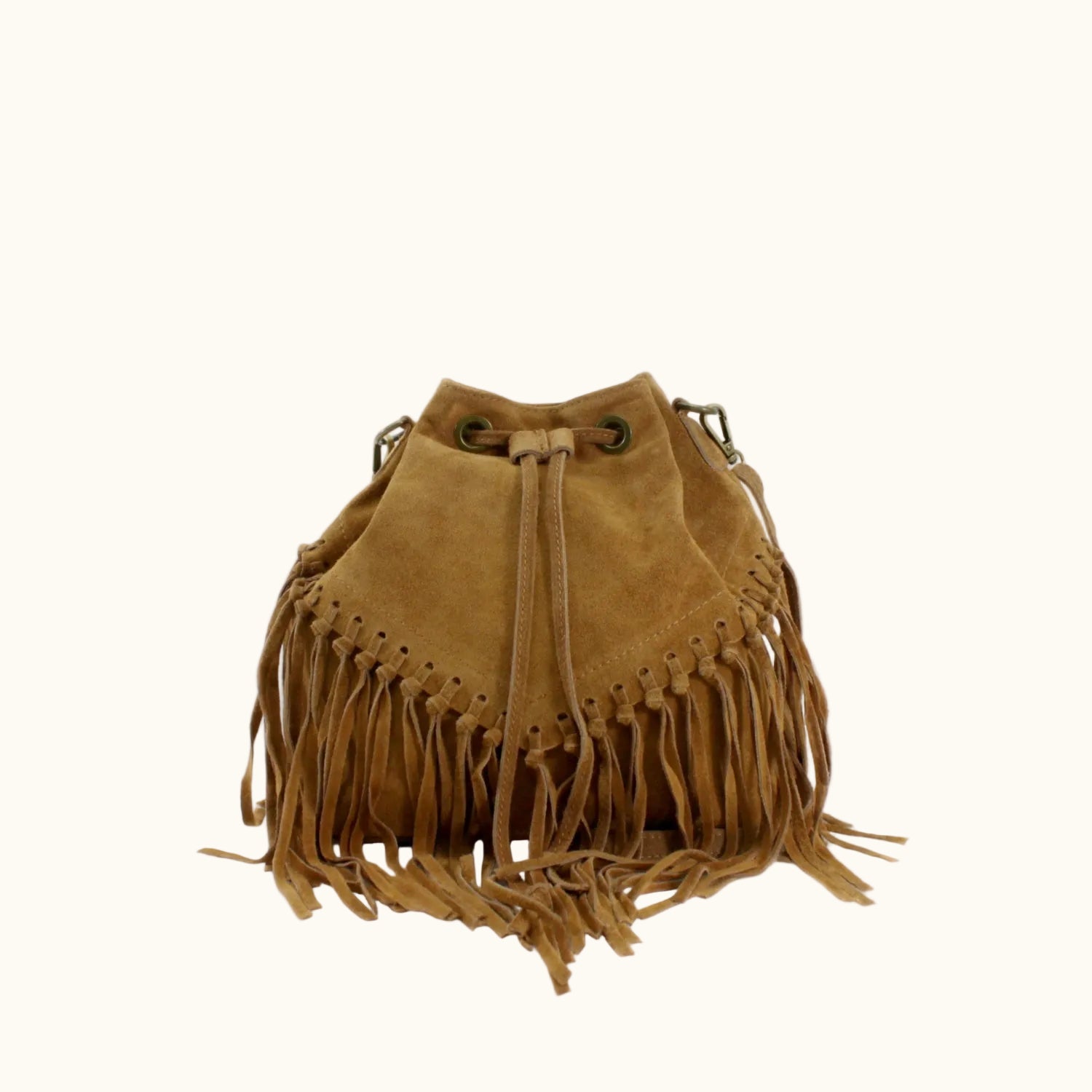 Brown suede drawstring bag with fringes on a white background