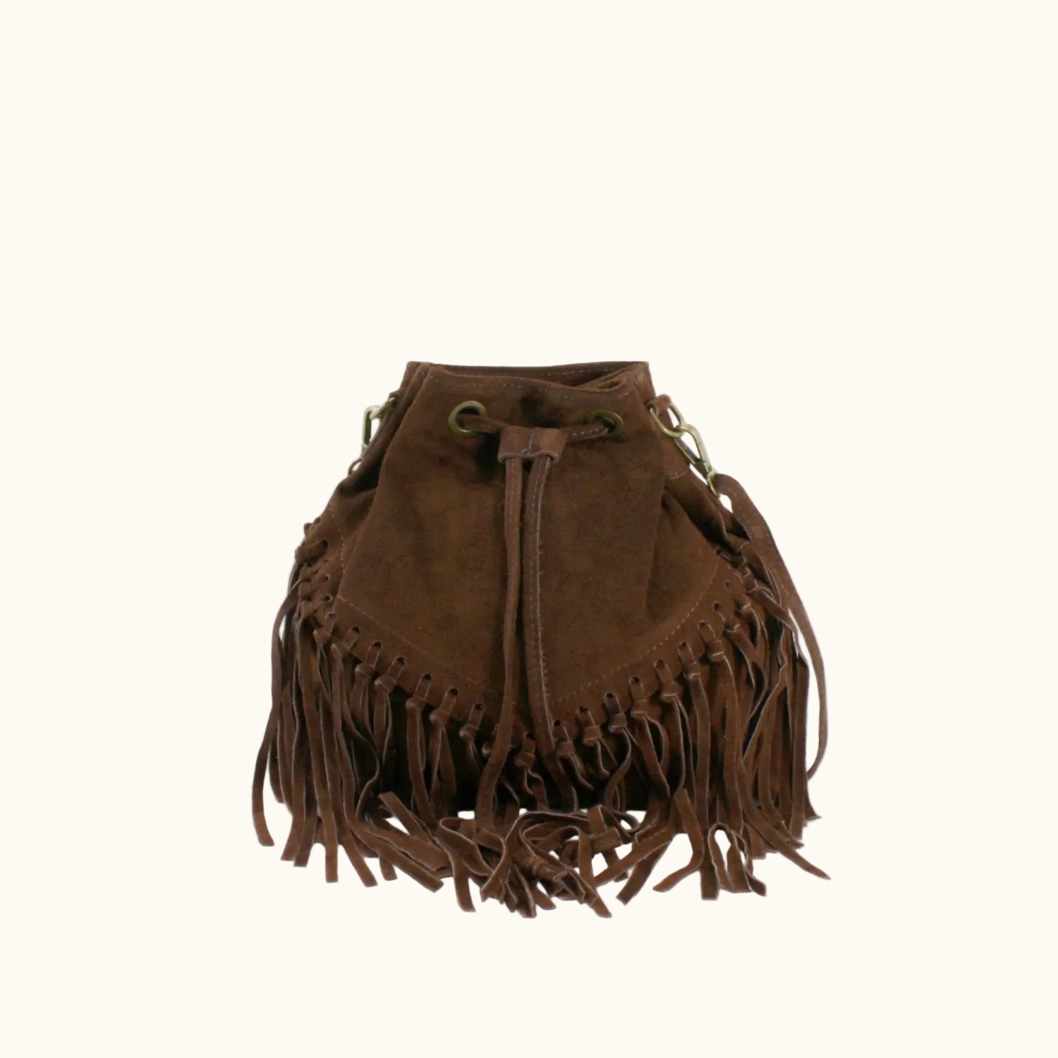 Brown suede bag with fringe details on a white background