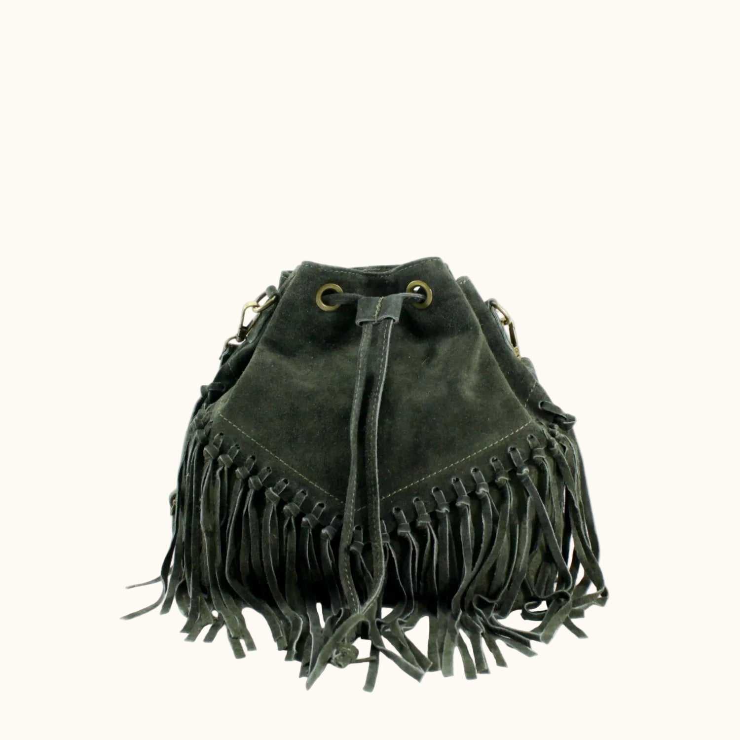 Green suede bag with fringe on a white background
