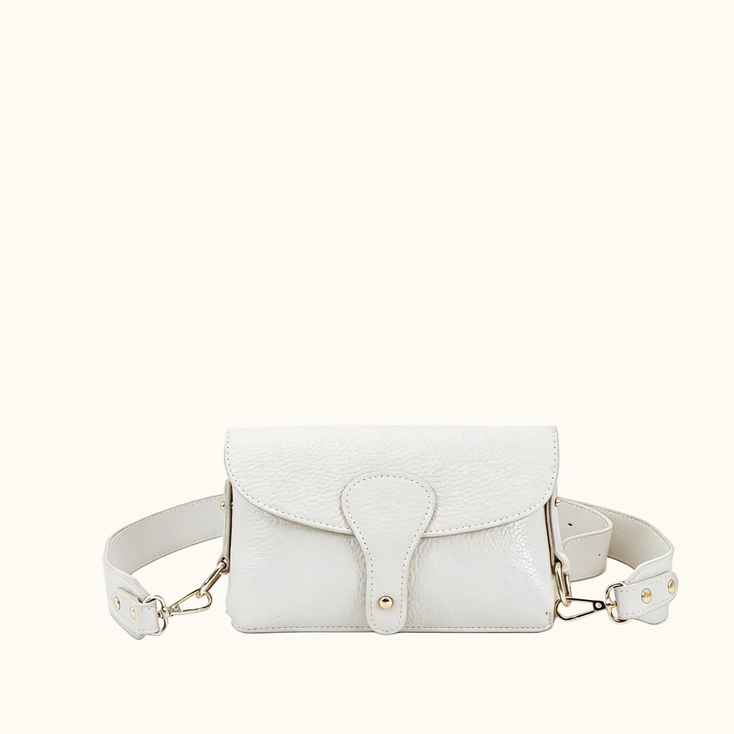 White handbag with gold accents on a white background