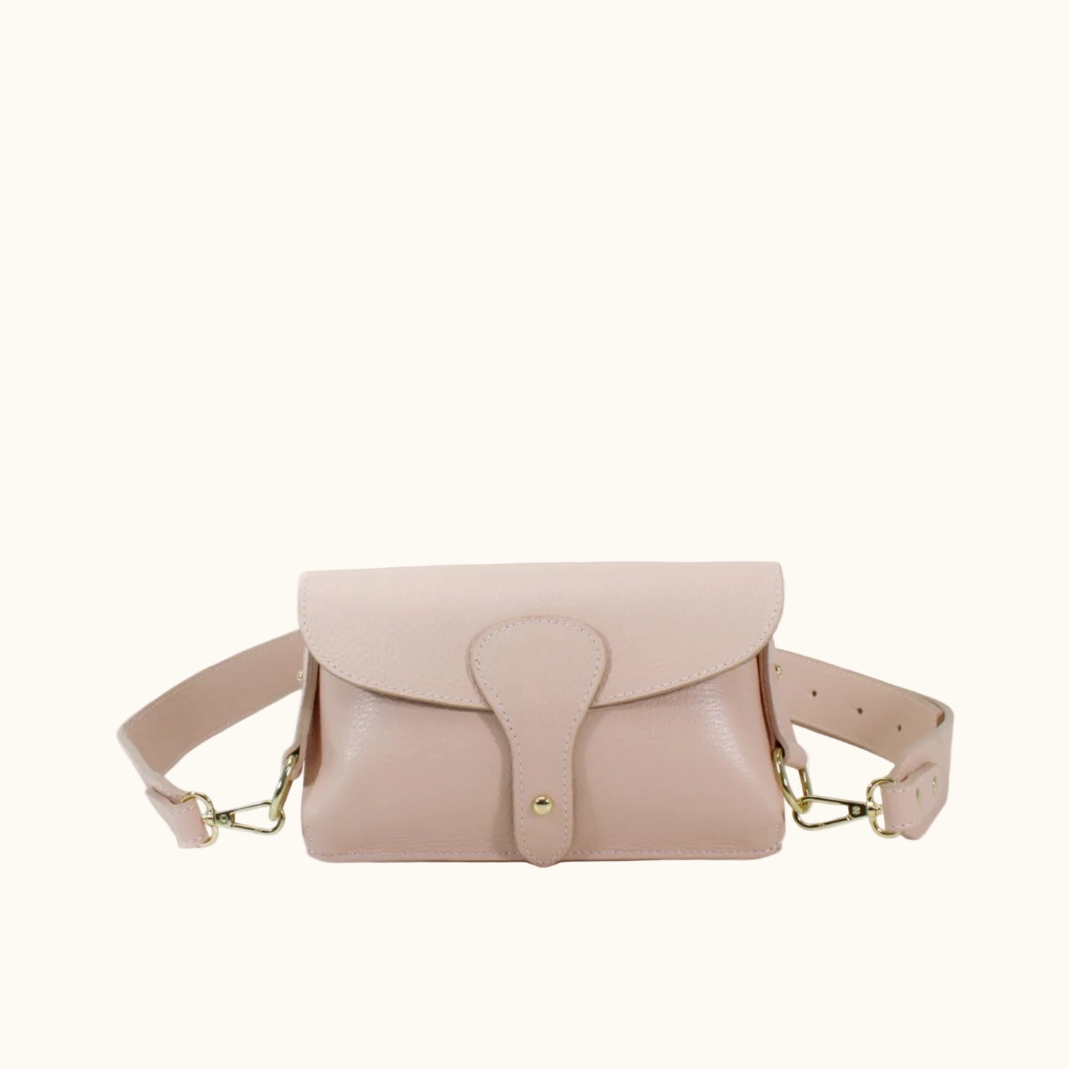 Beige leather waist bag with gold chain on a white background