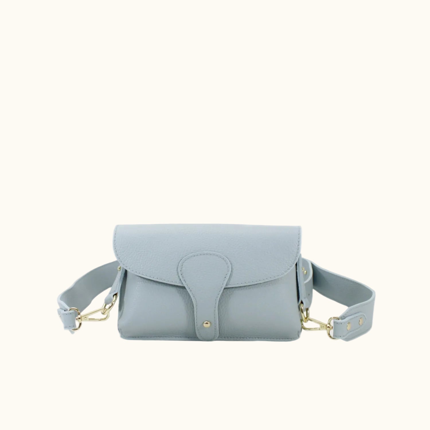 Light blue handbag with a strap on a white background