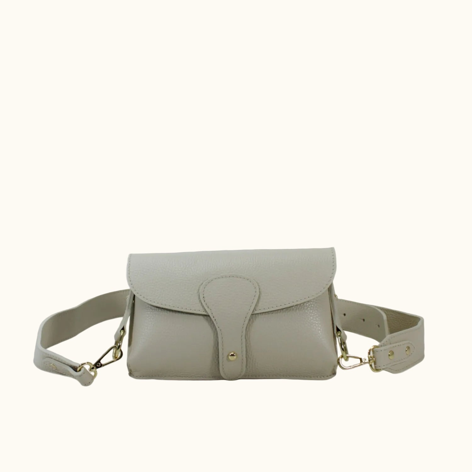 Light gray handbag with a strap on a white background