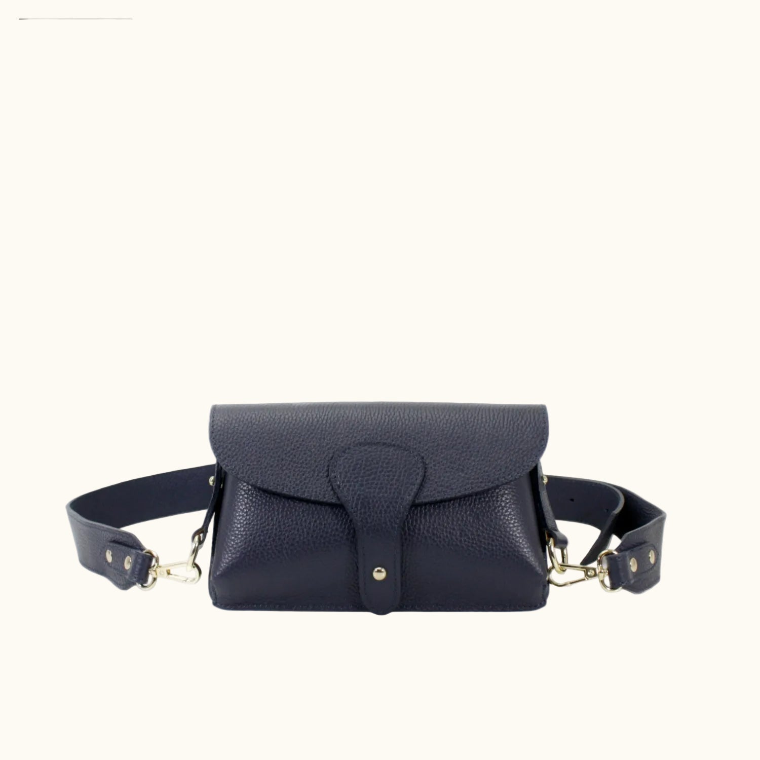 Navy blue leather bag with gold accents on a white background