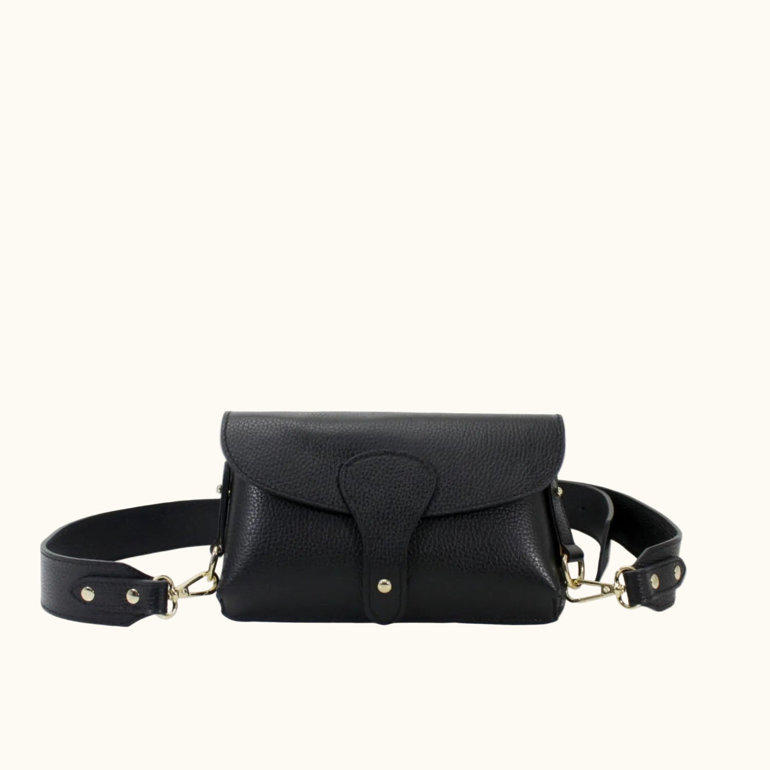 Black leather bag with gold accents on a white background