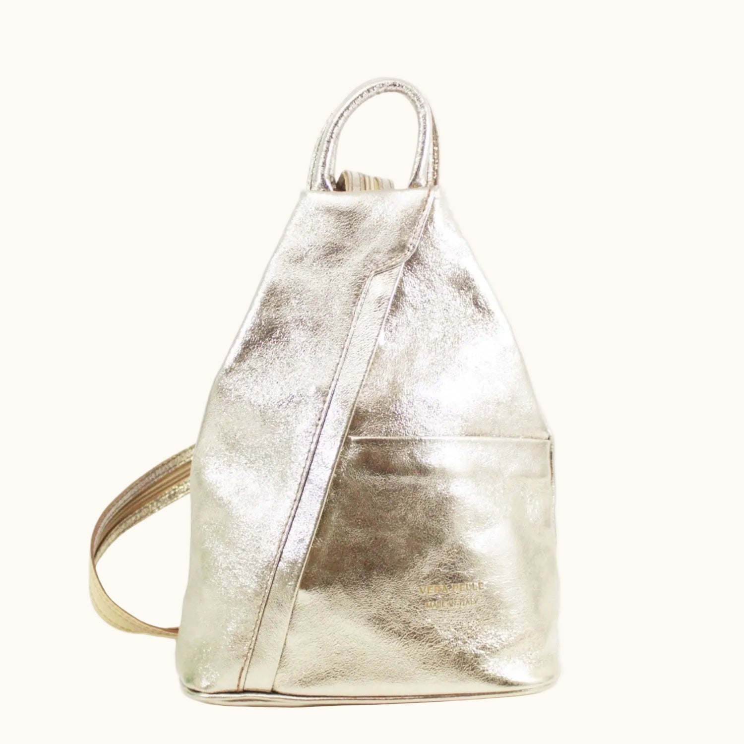 Metallic silver backpack on a white background