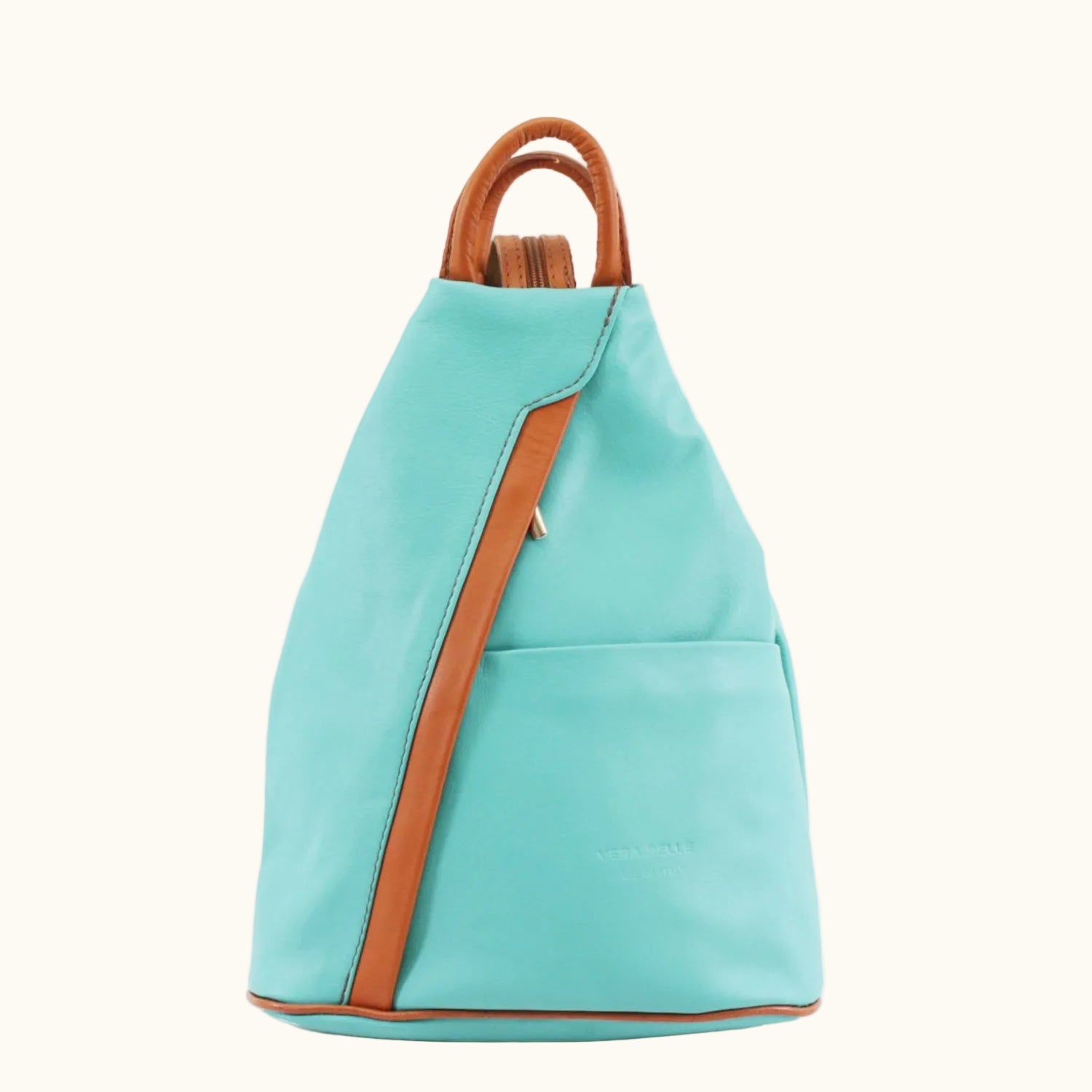 Turquoise backpack with brown accents on a white background