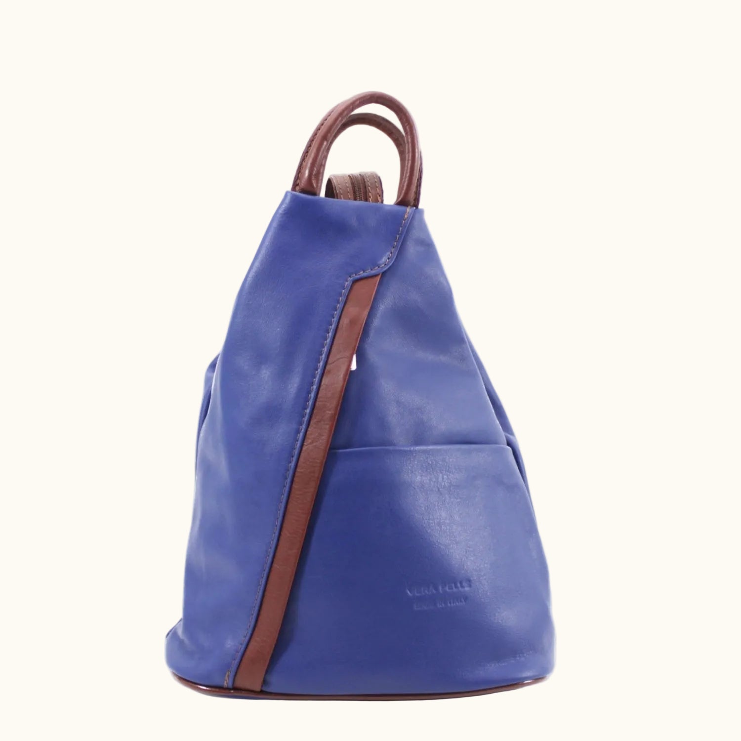 Blue backpack with brown straps on a white background