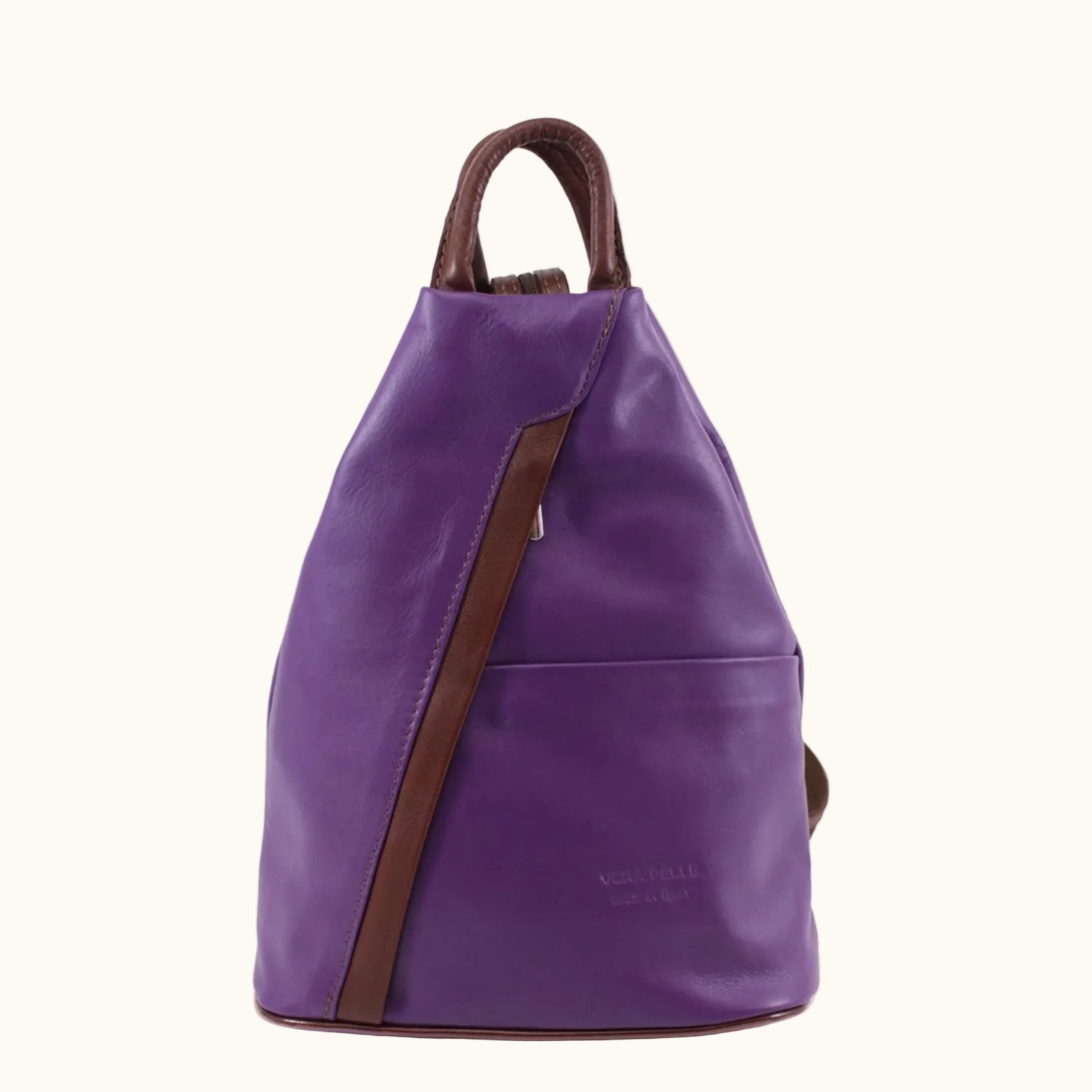 Purple backpack with brown straps on a white background