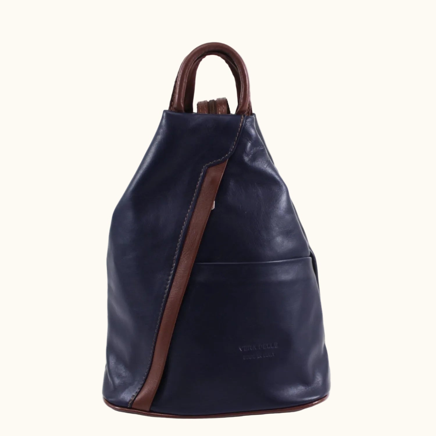 Navy blue backpack with brown accents on a white background