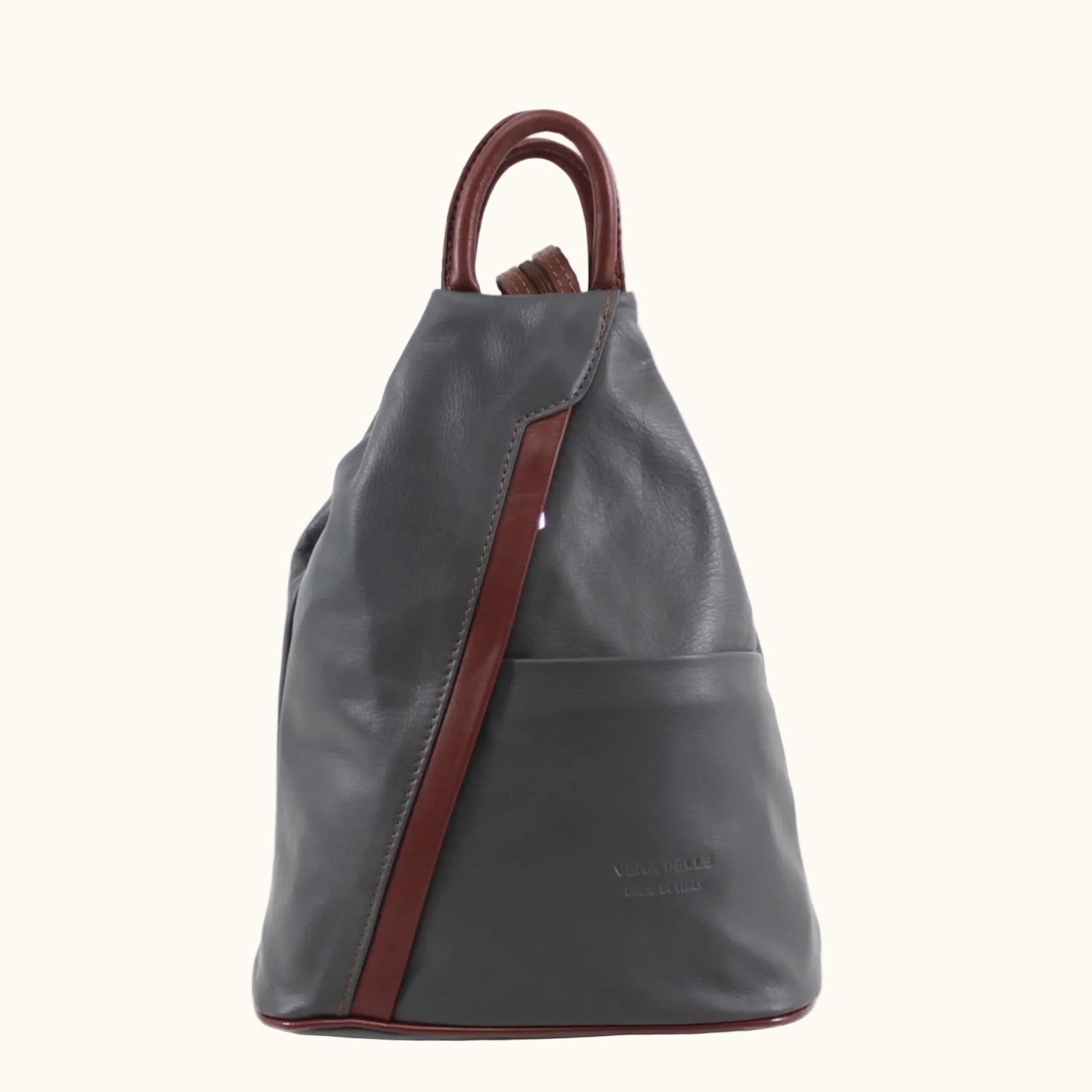 Gray backpack with brown straps on a white background