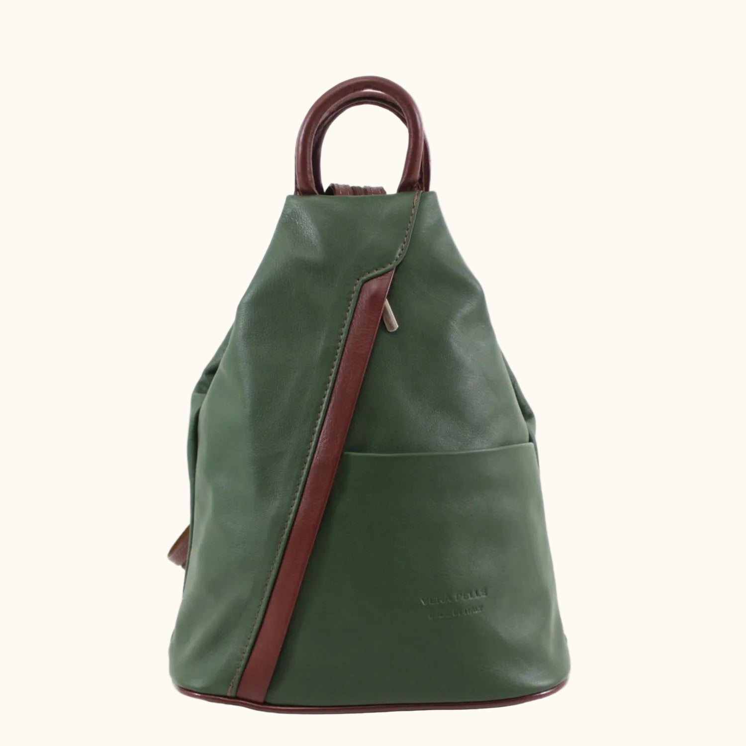 Green backpack with brown accents on a white background