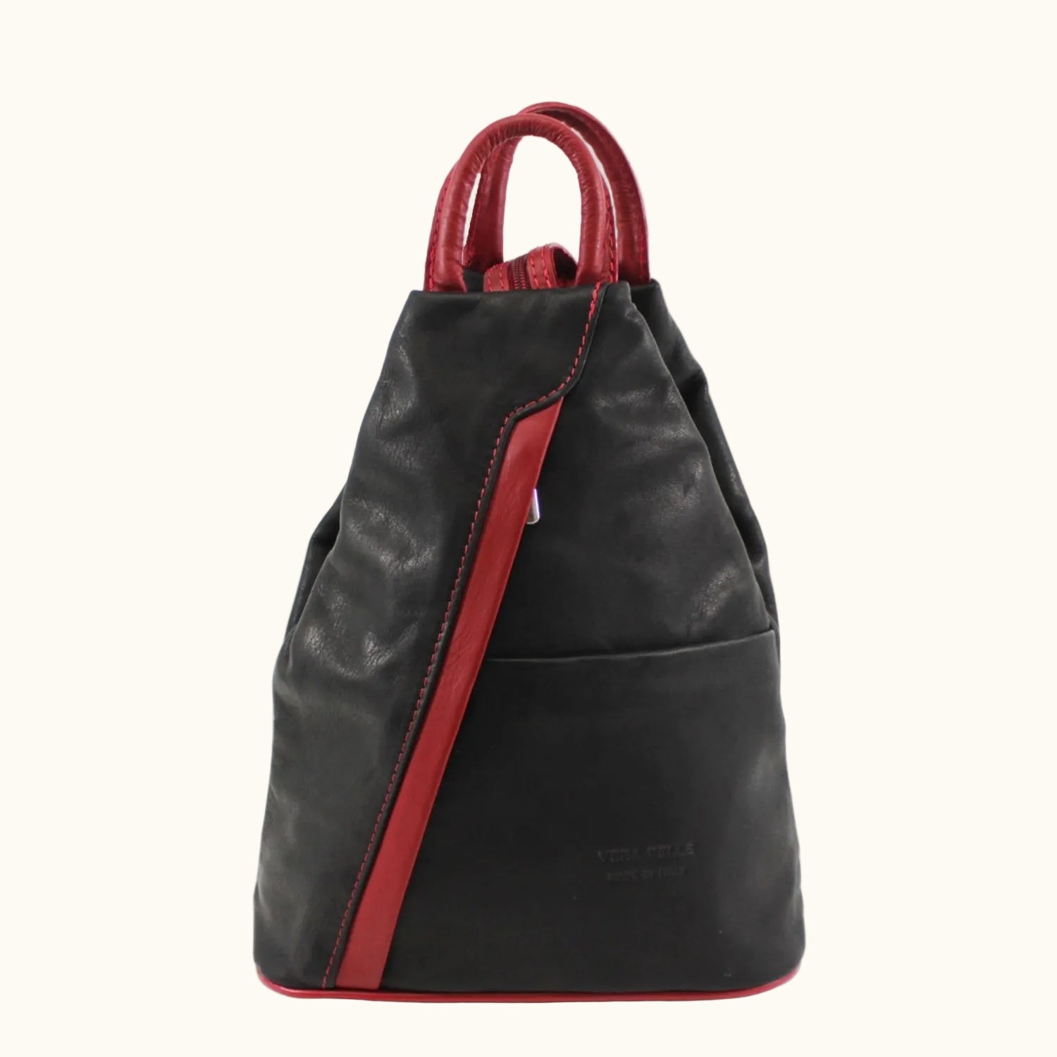 Black backpack with red accents on a white background
