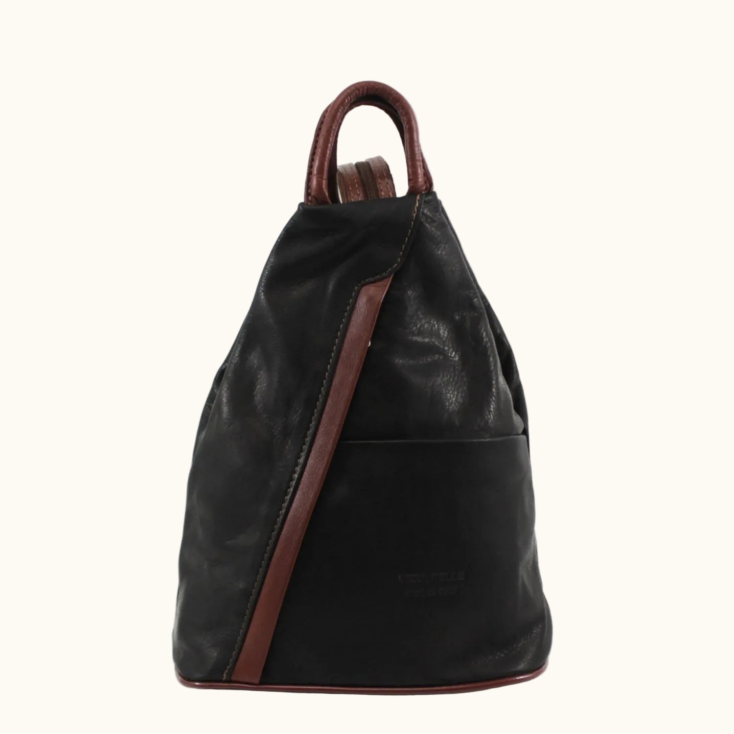 Black leather backpack with brown accents on a white background