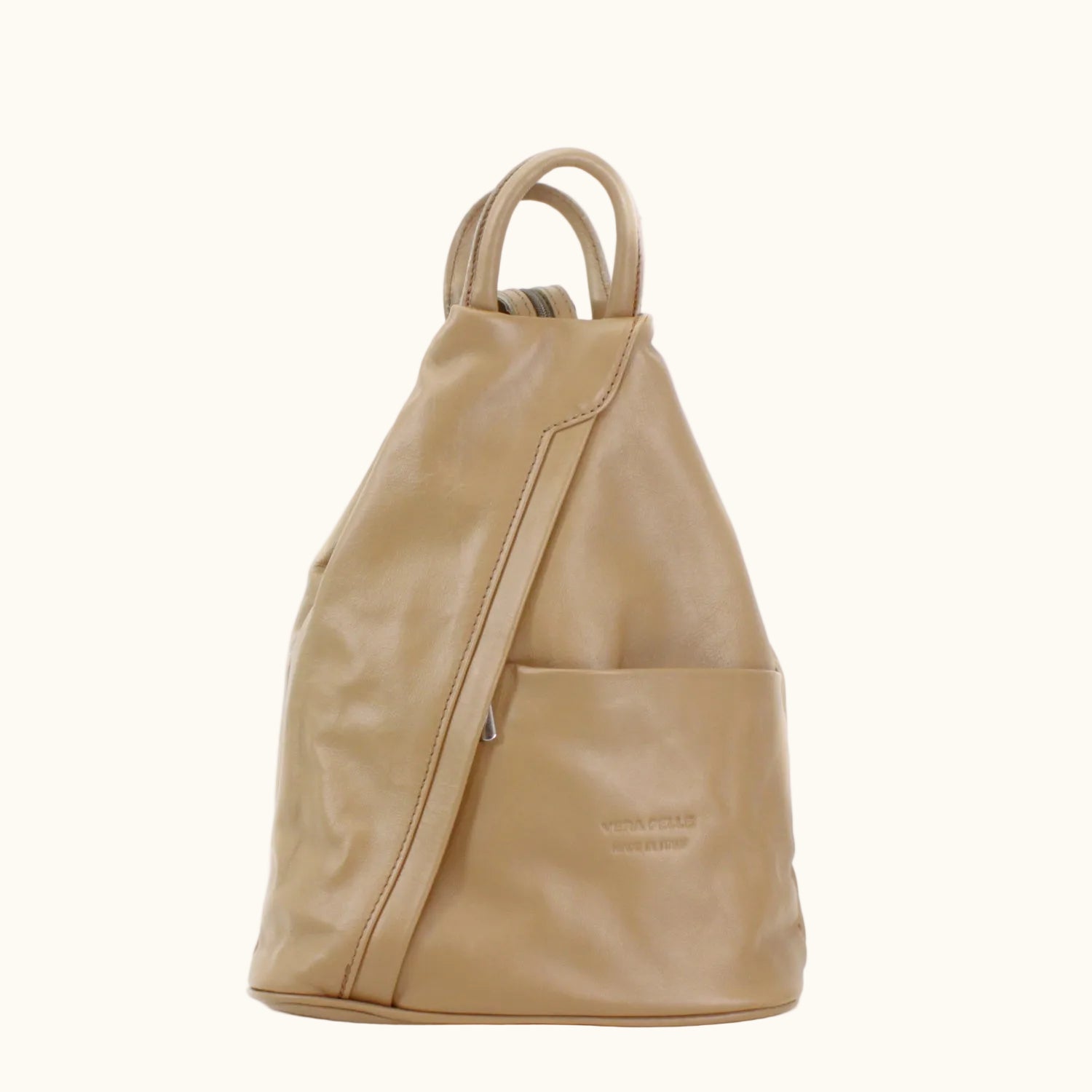 Tan backpack on a white background