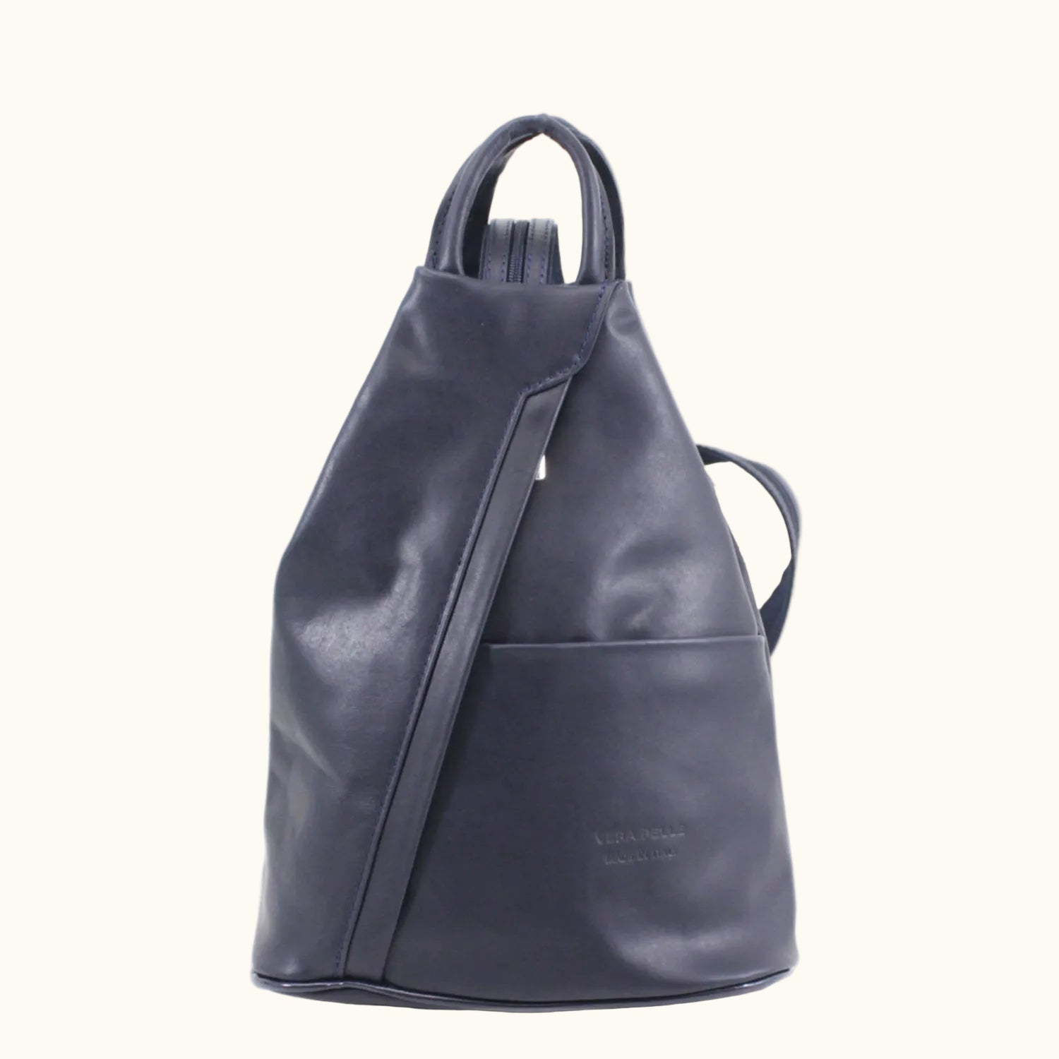 Dark blue leather backpack on a white background