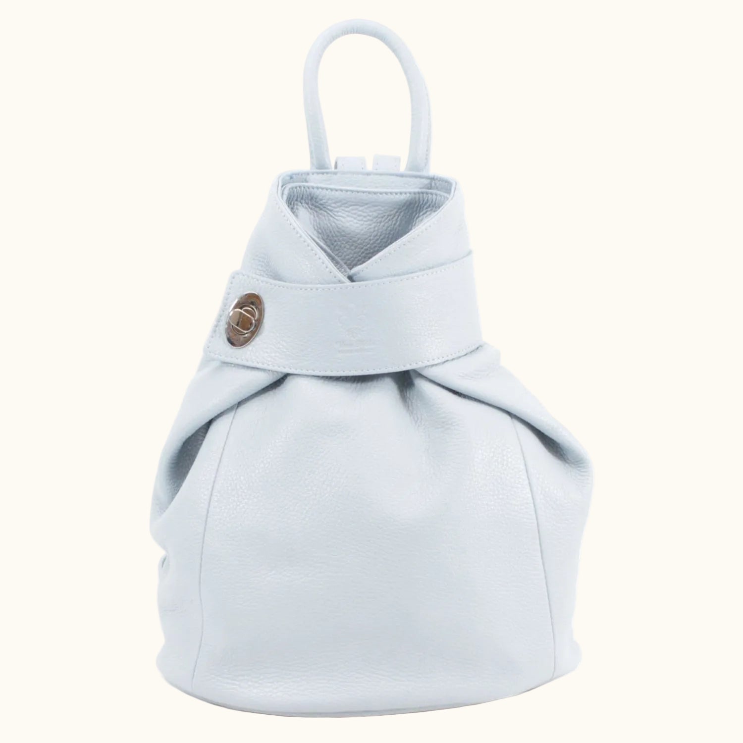 Light blue drawstring bag with a button on a white background