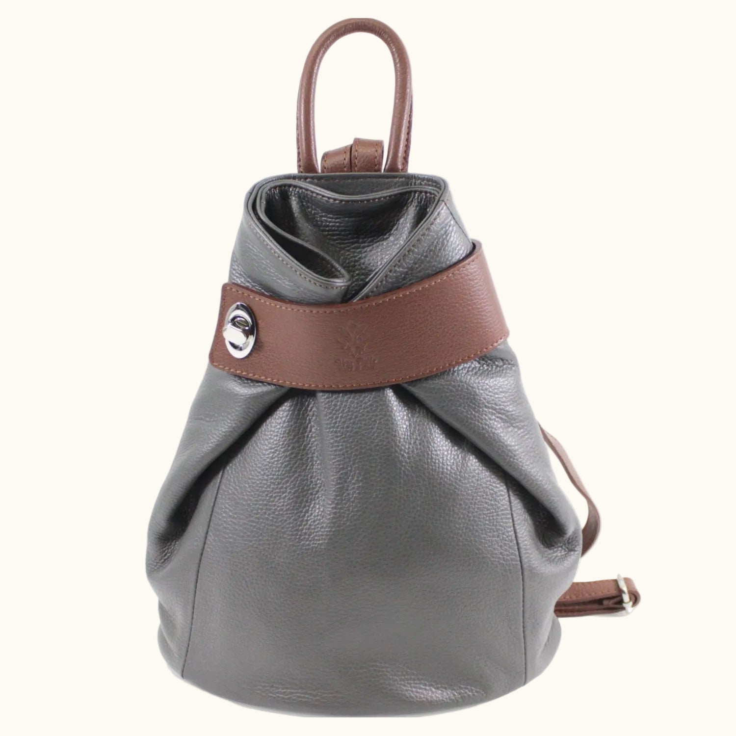 Gray leather backpack with brown accents on a white background