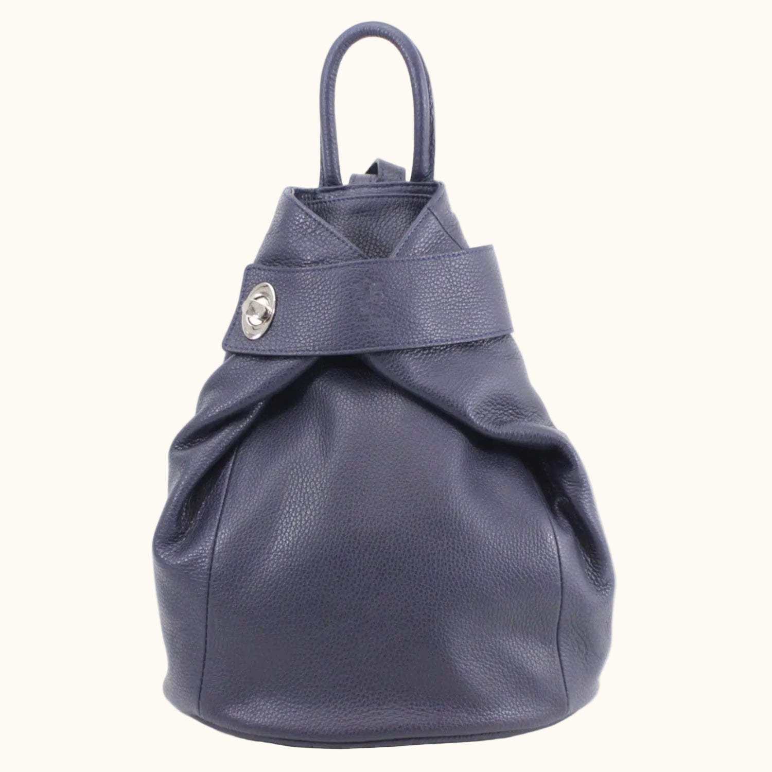 Blue leather backpack with a button detail on a white background
