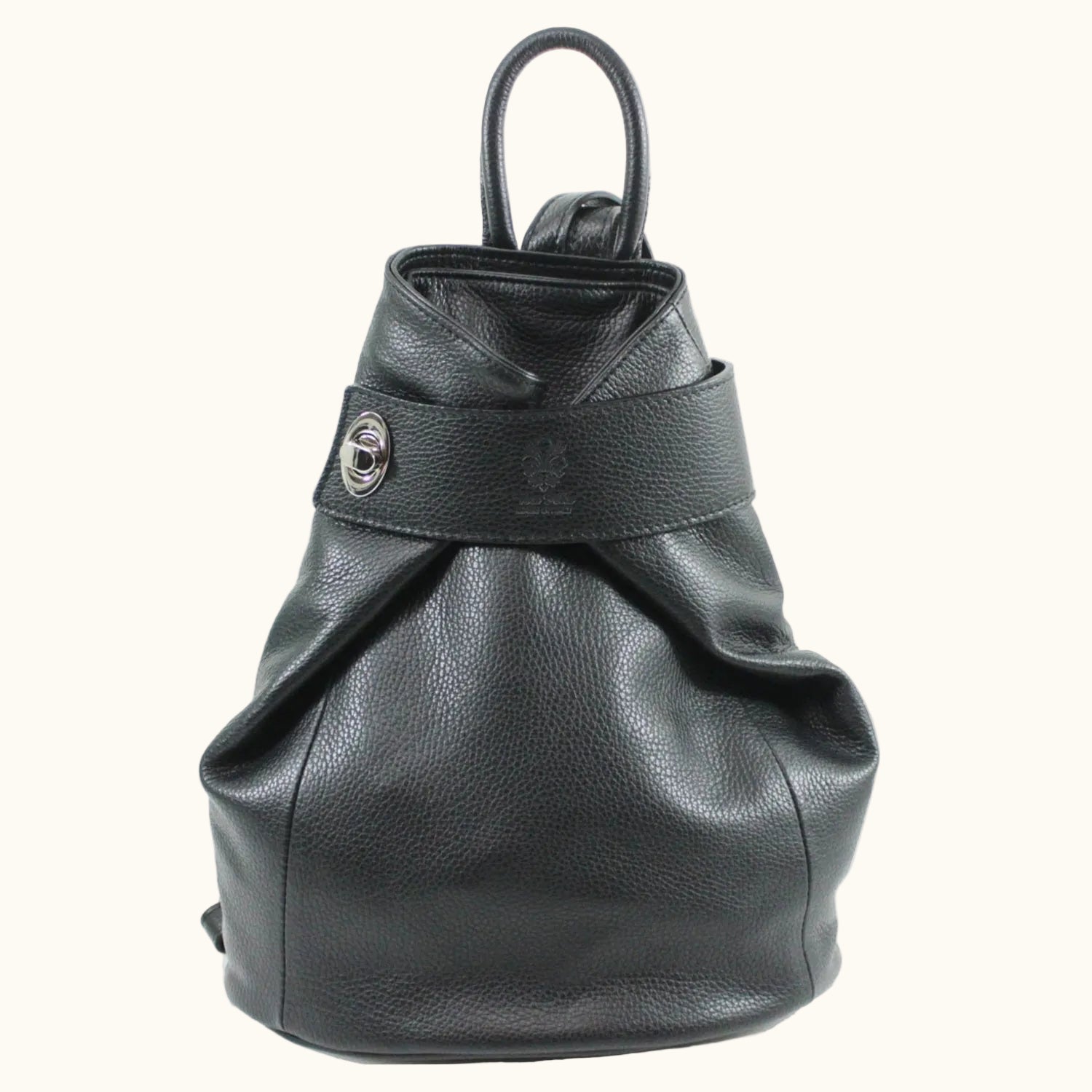 Black leather backpack on a white background
