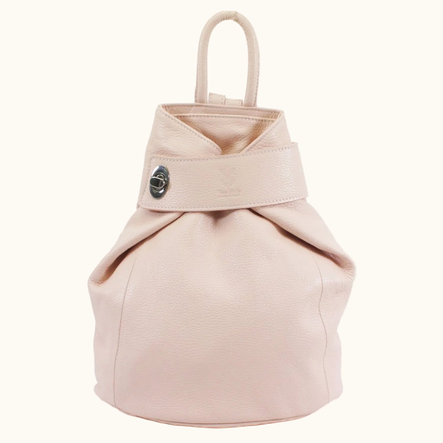Beige drawstring bag on a white background