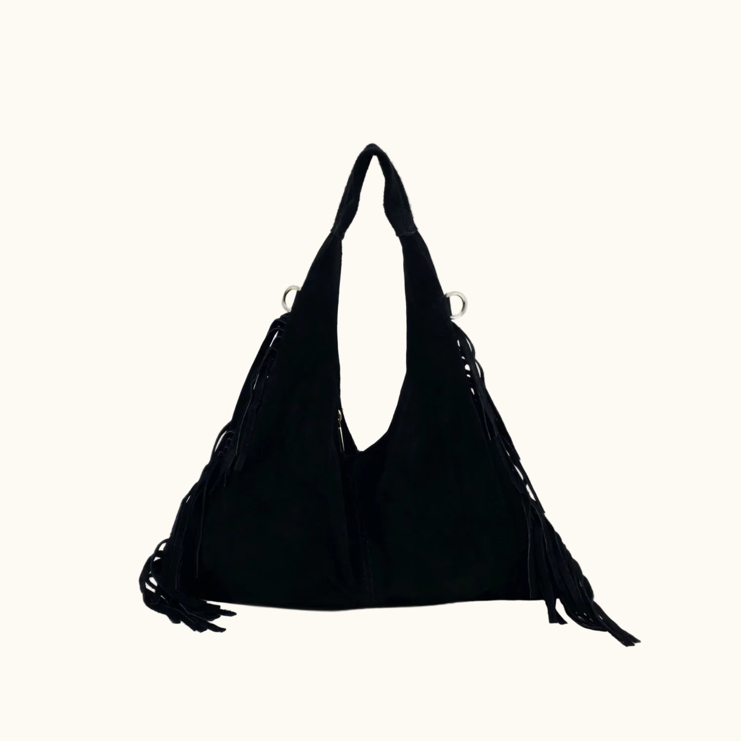 Black fringed handbag on a white background