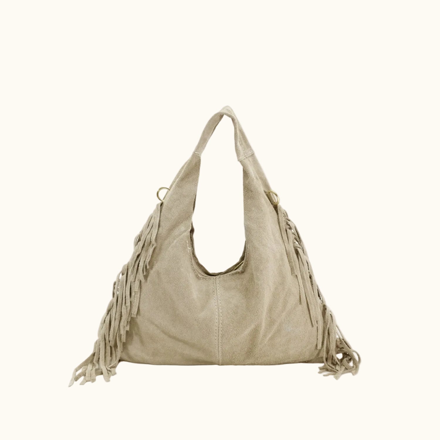 Beige handbag with fringe details on a white background