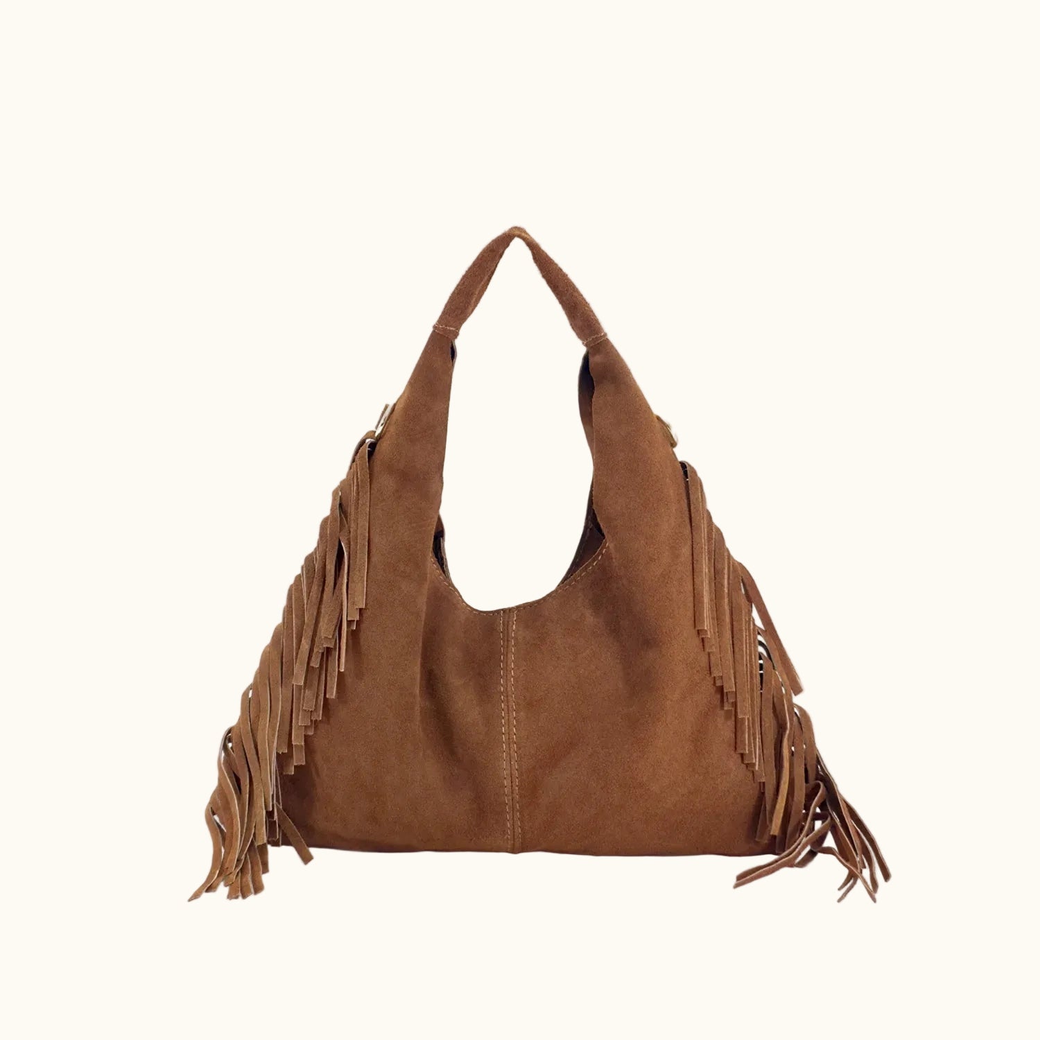 Brown leather handbag with fringe details on a white background